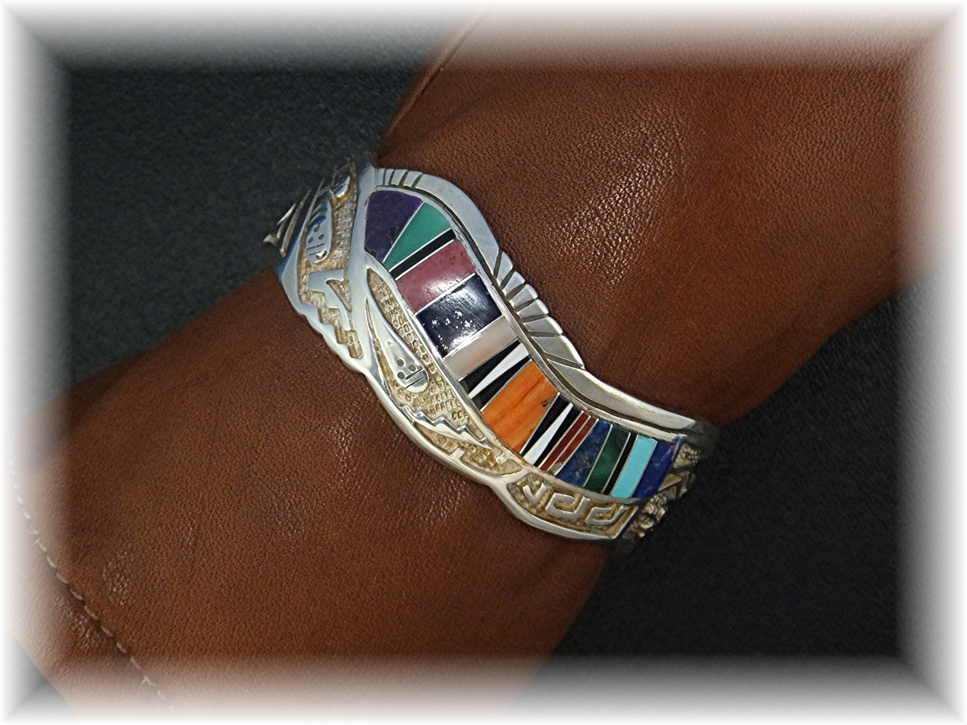 CALVIN BEGAY Sterling Silver Turquoise Coral Inlay Cuff