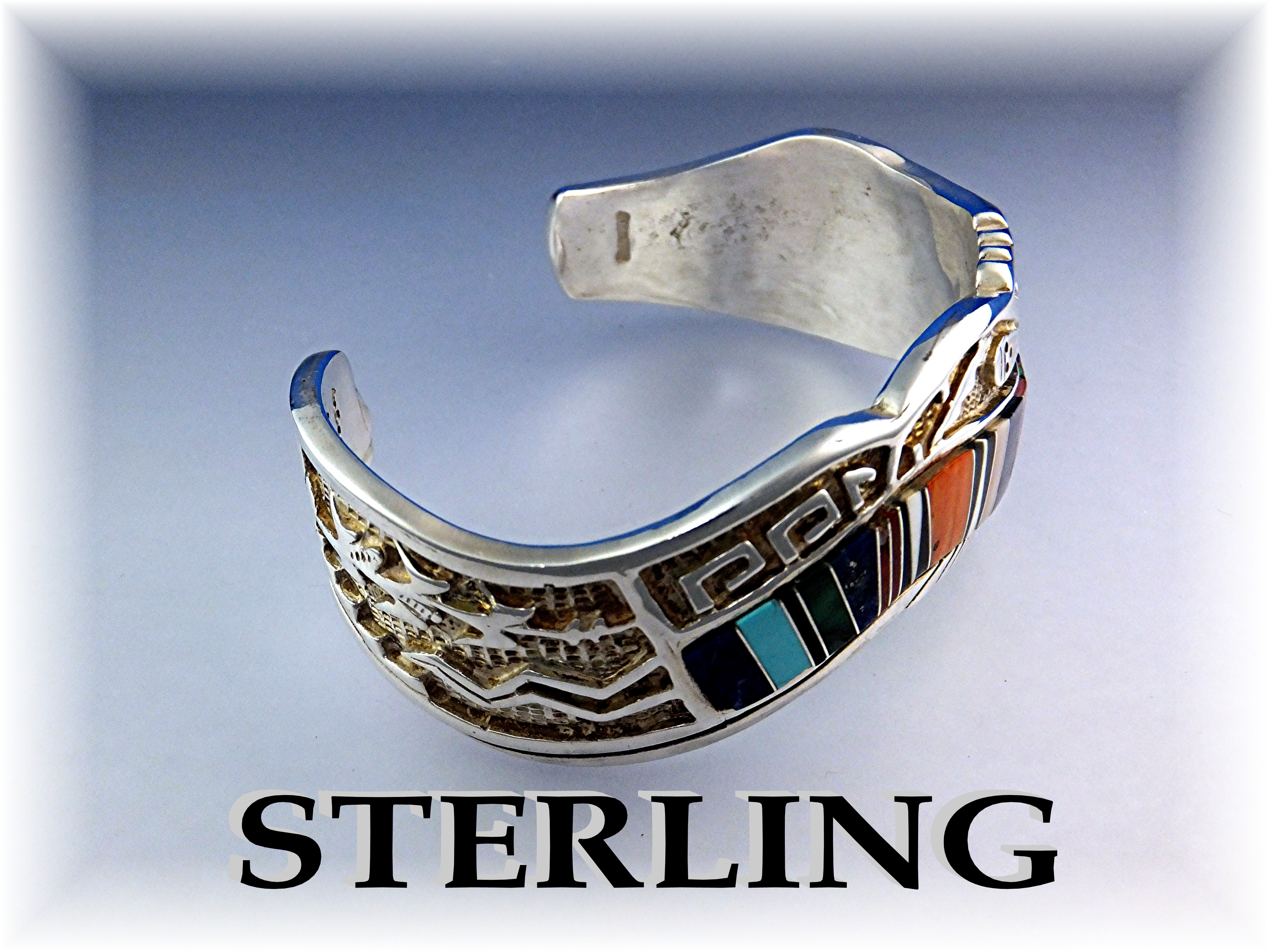 CALVIN BEGAY Sterling Silver Turquoise Coral Inlay Cuff