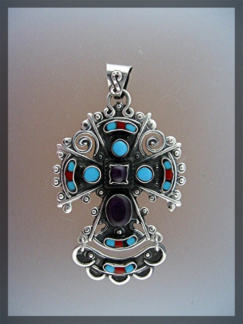 Pendant Sterling SilverTurquoise Amethyst Coral Mexico