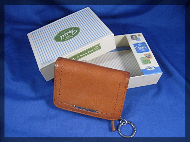 Fossil key coin purse tan leather multi functio