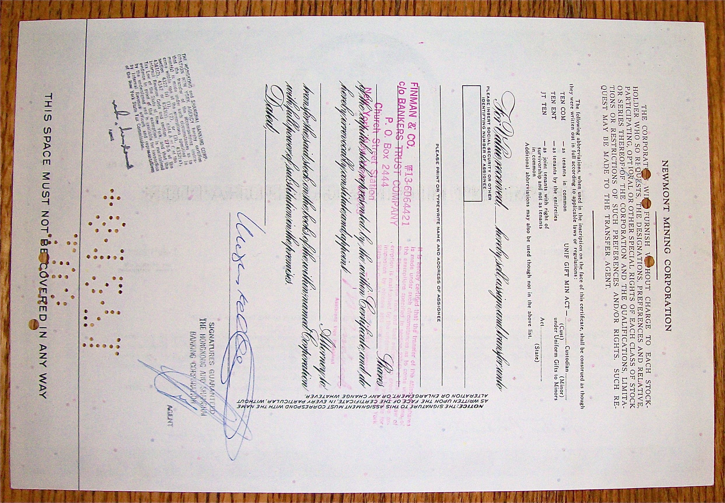 1969 Newmont Mining Corporation Stock Certificate