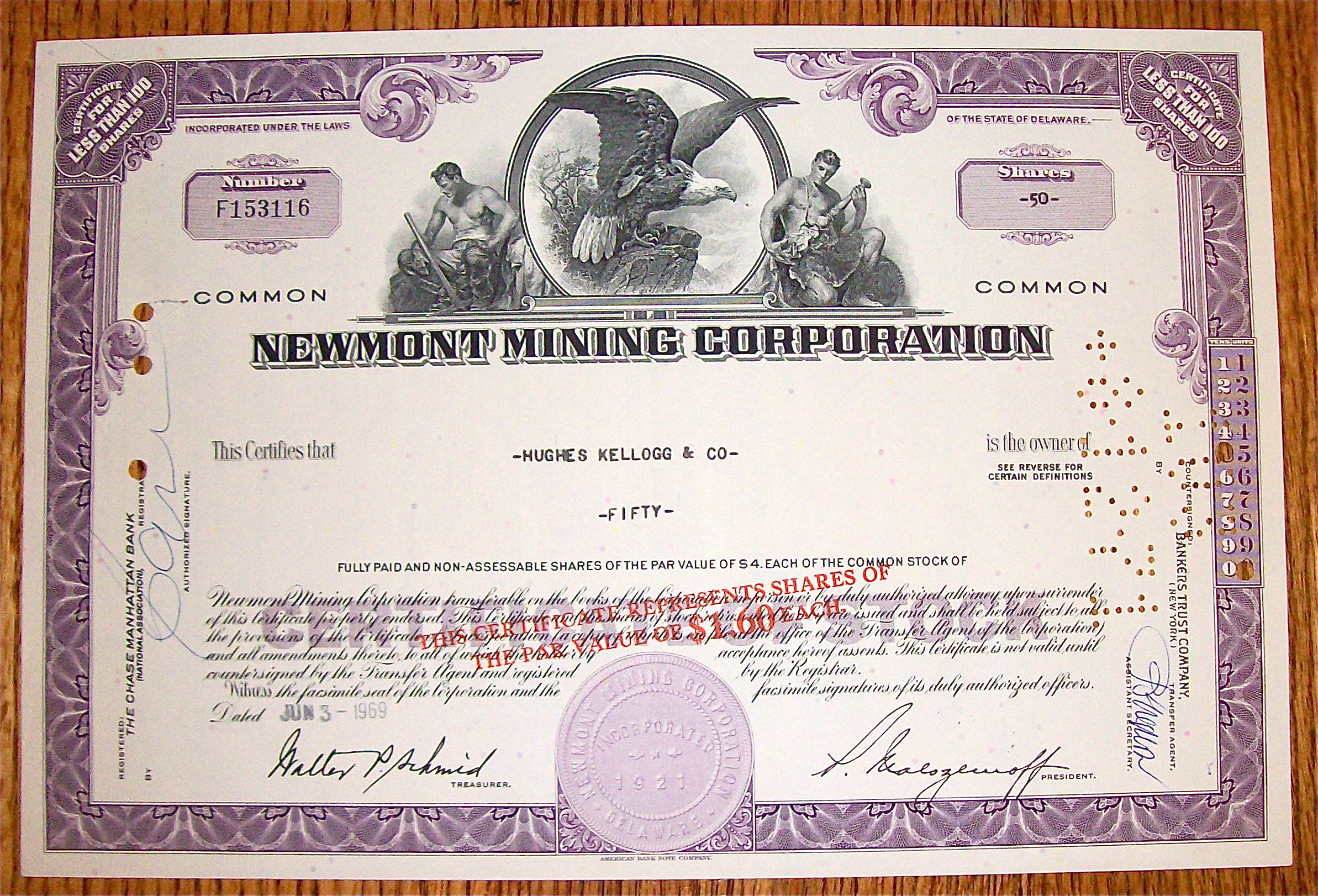 1969 Newmont Mining Corporation Stock Certificate