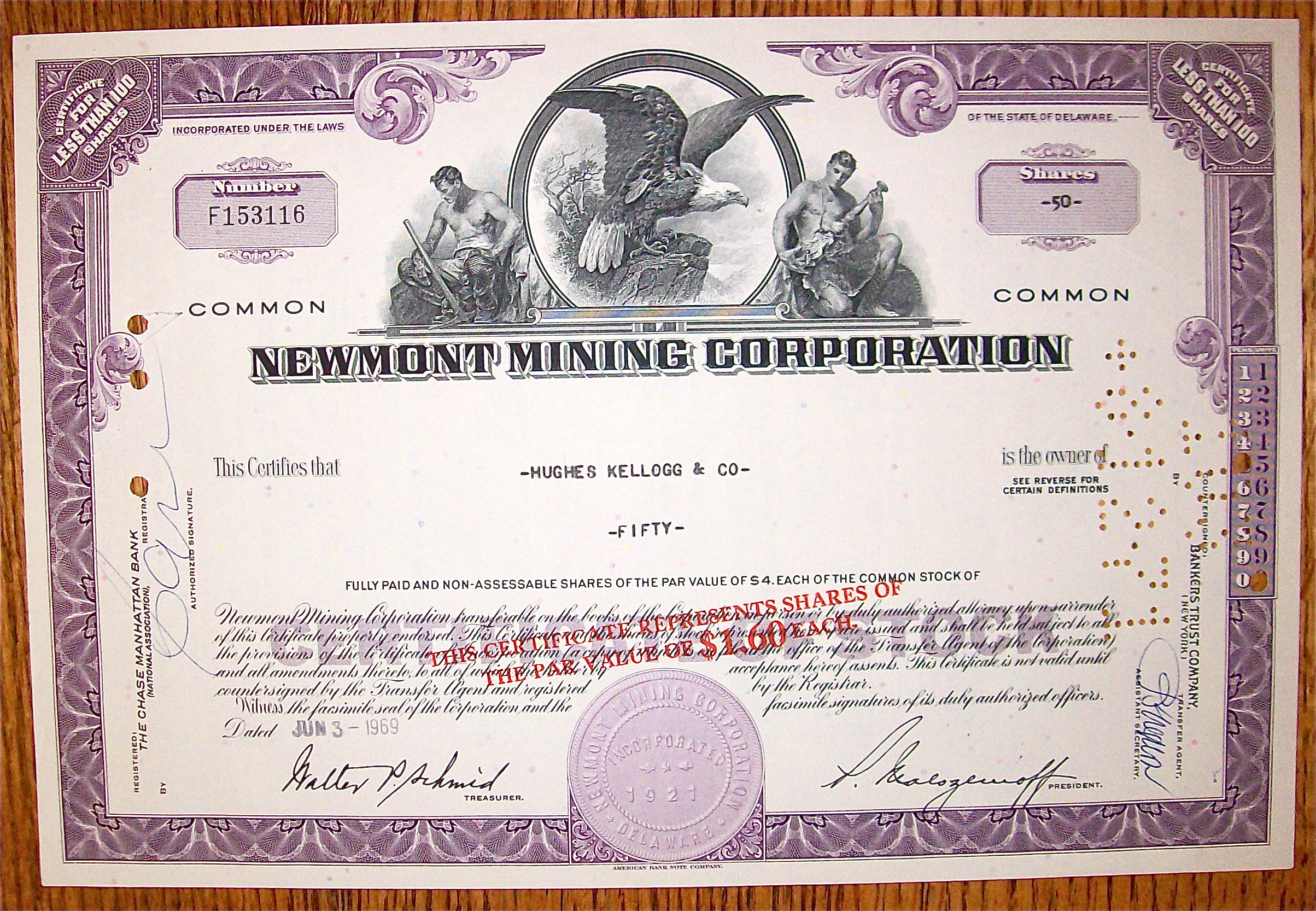 1969 Newmont Mining Corporation Stock Certificate