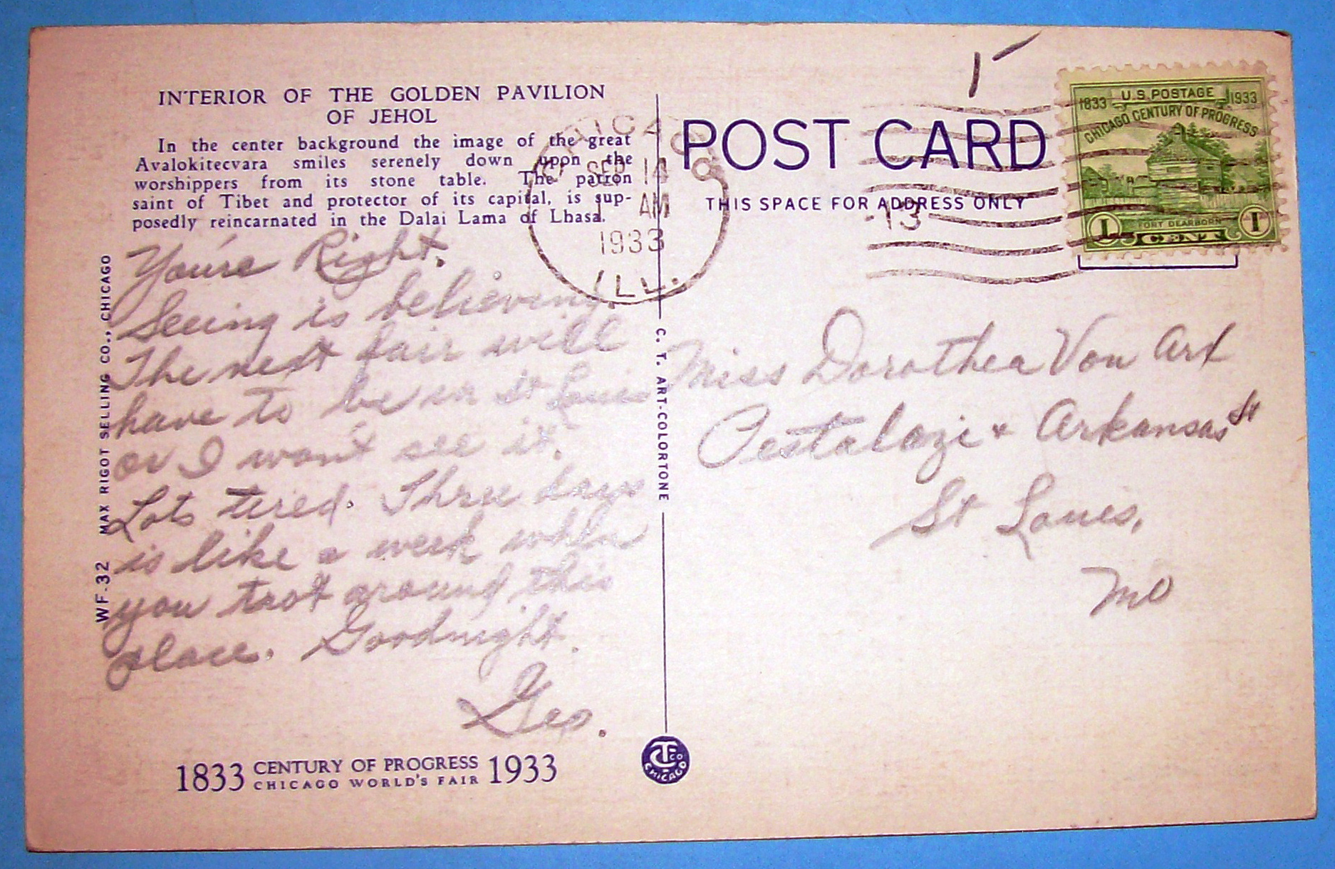 Postcard Of Golden Pavilion Of Jehol (Chicago Fair)