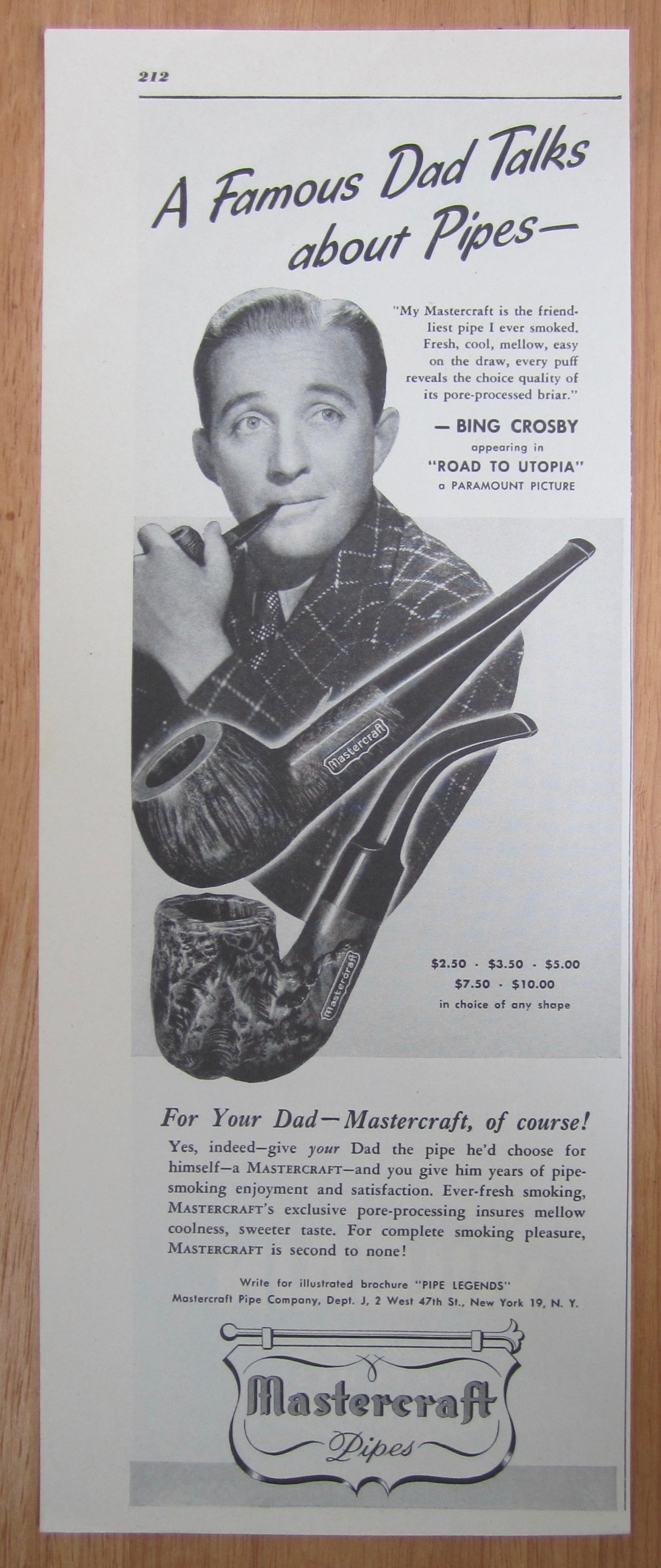 1946 Mastercraft Pipes with Star & Singer Bing Crosby
