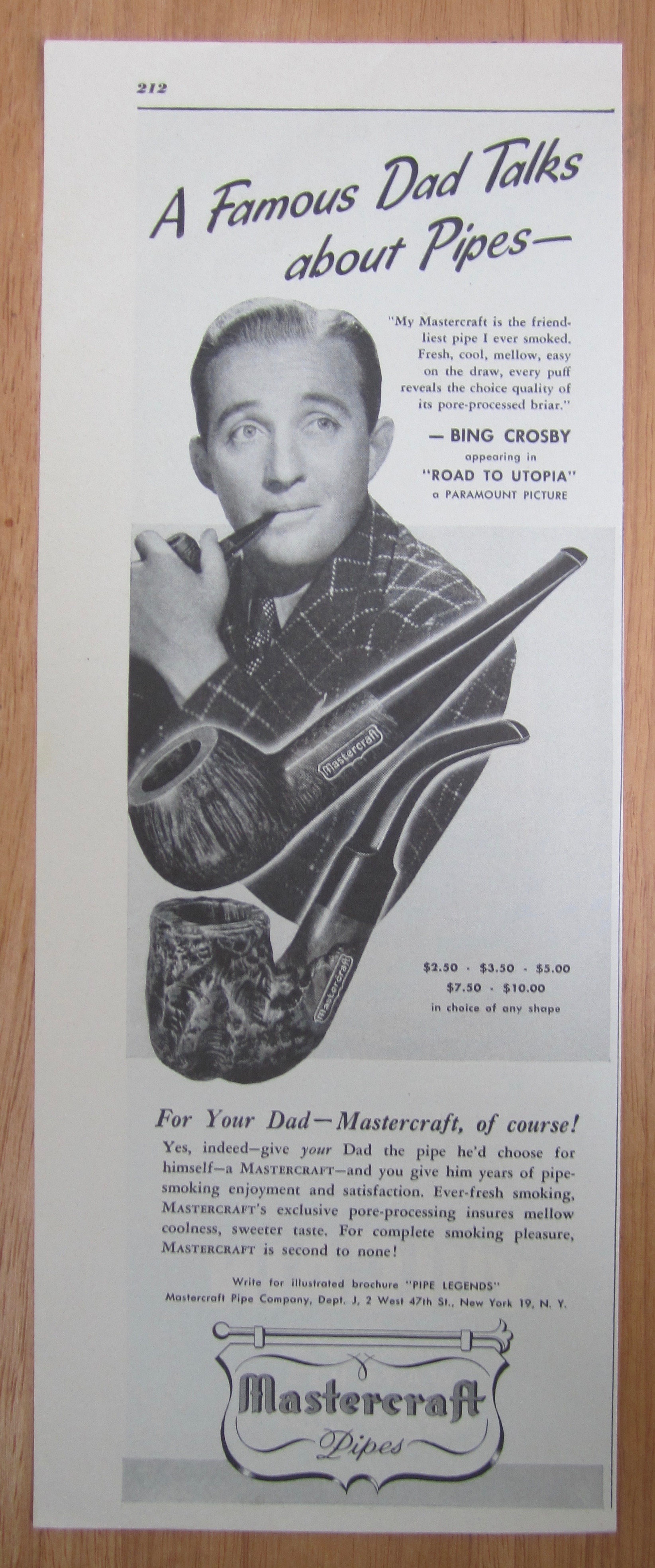 1946 Mastercraft Pipes with Star & Singer Bing Crosby