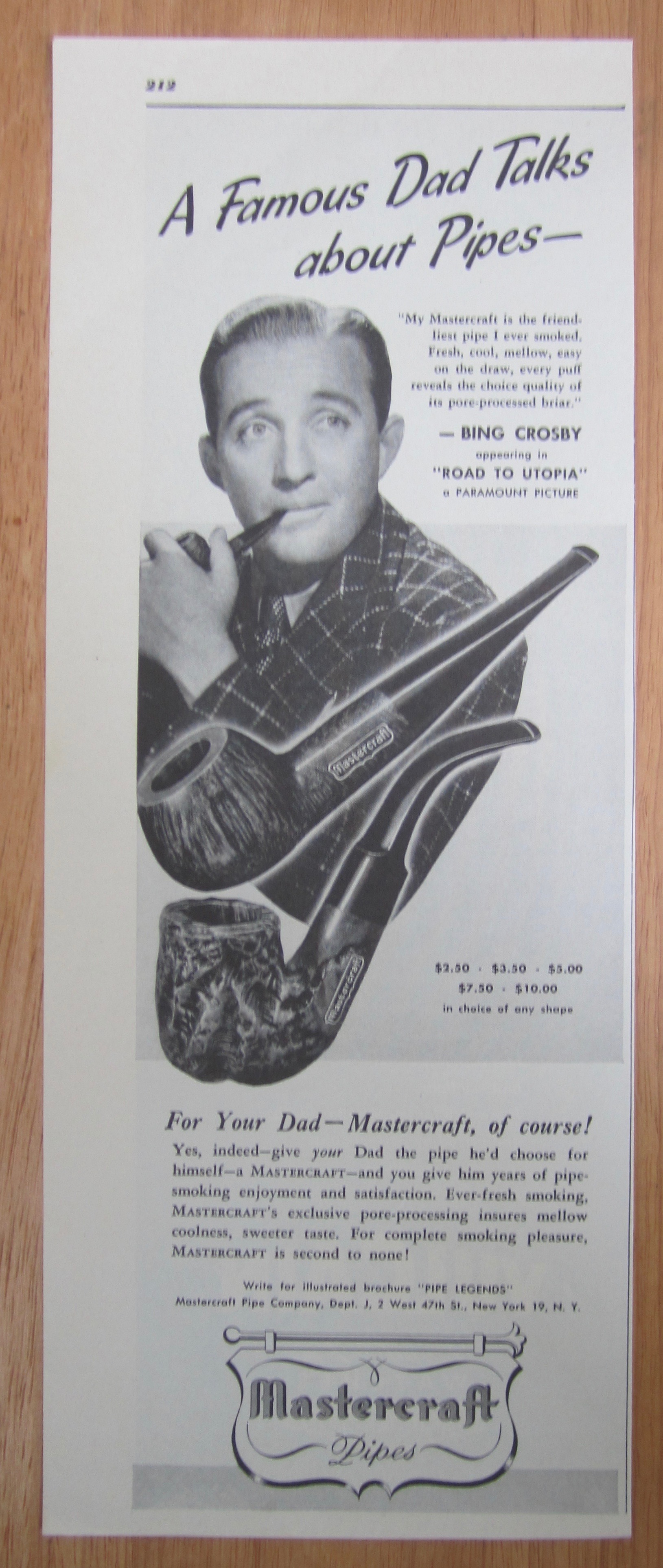 1946 Mastercraft Pipes with Star & Singer Bing Crosby