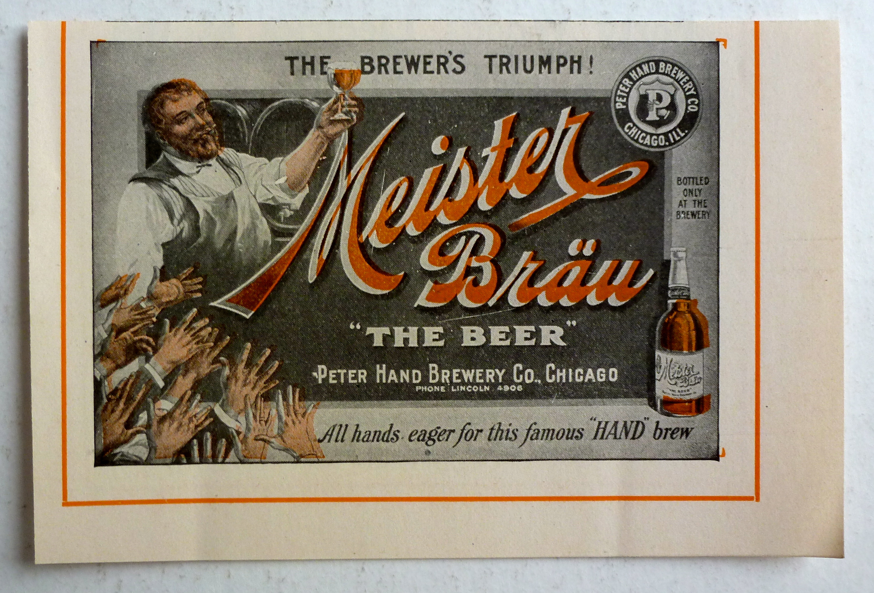 1912 Meister Brau with Man Holding Up Glass Of Beer