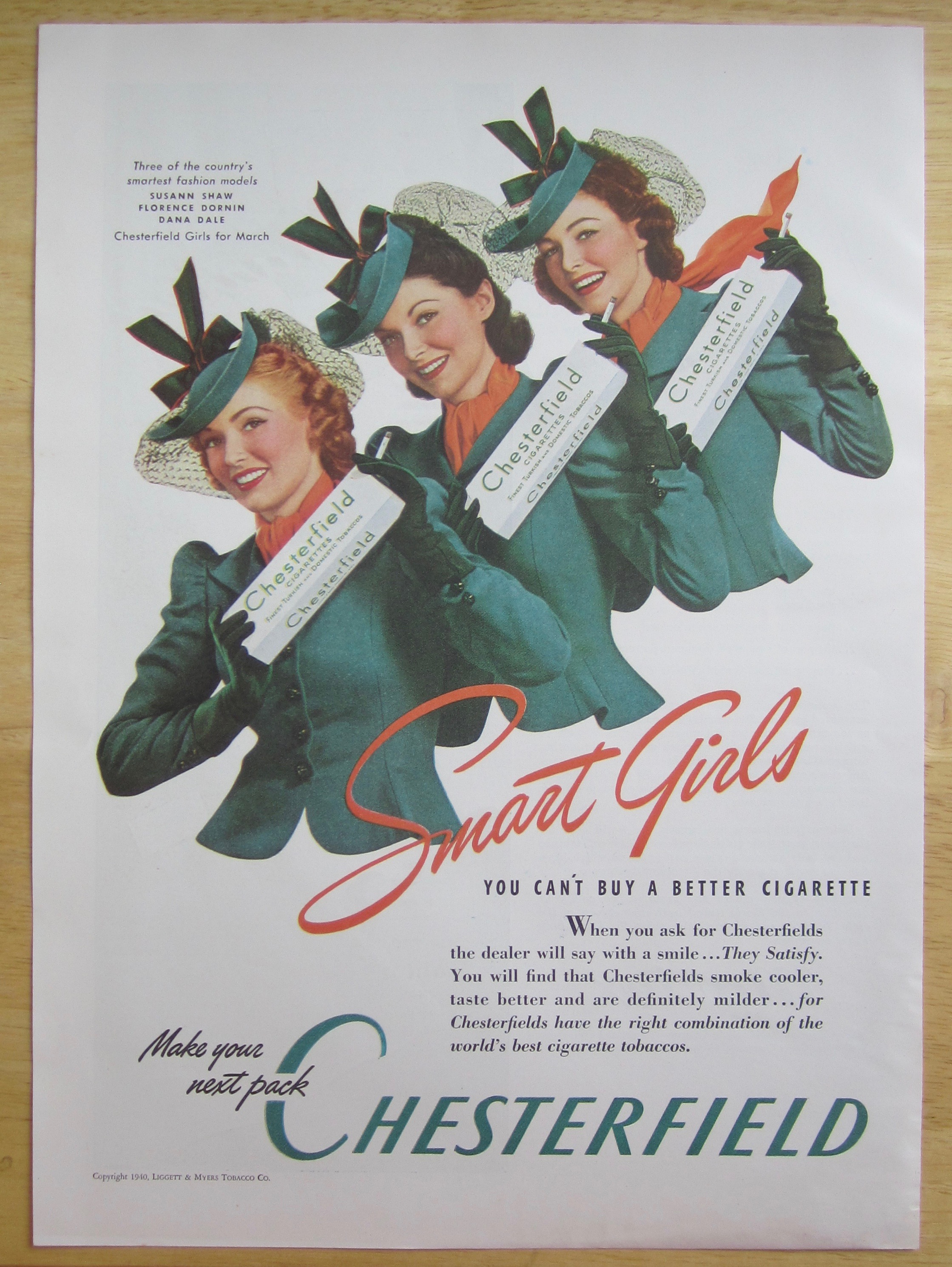 1940 Chesterfield Cigarettes w/ Shaw, Dornin & Dale