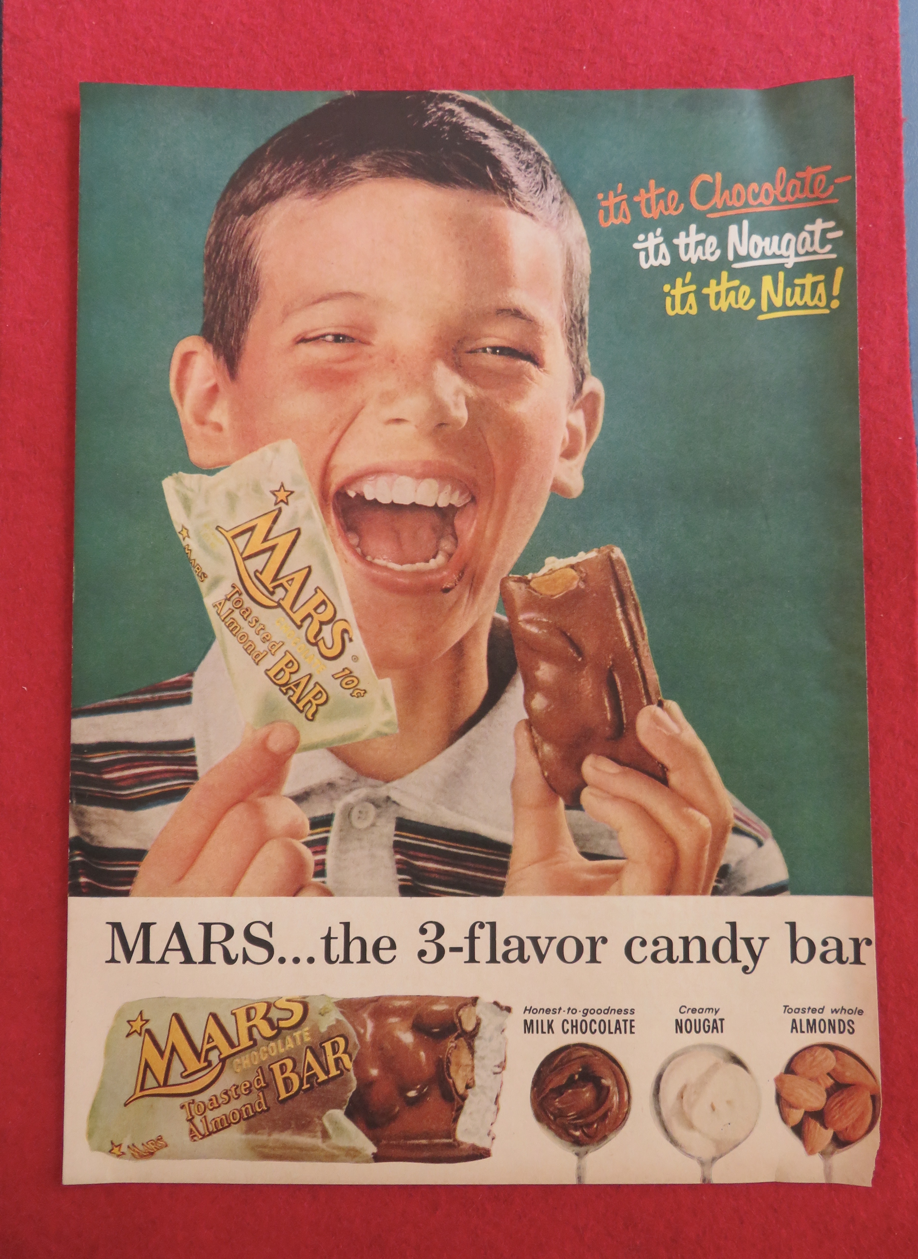 1957 Mars Toasted Almond Bar with Boy Eating Candy Bar