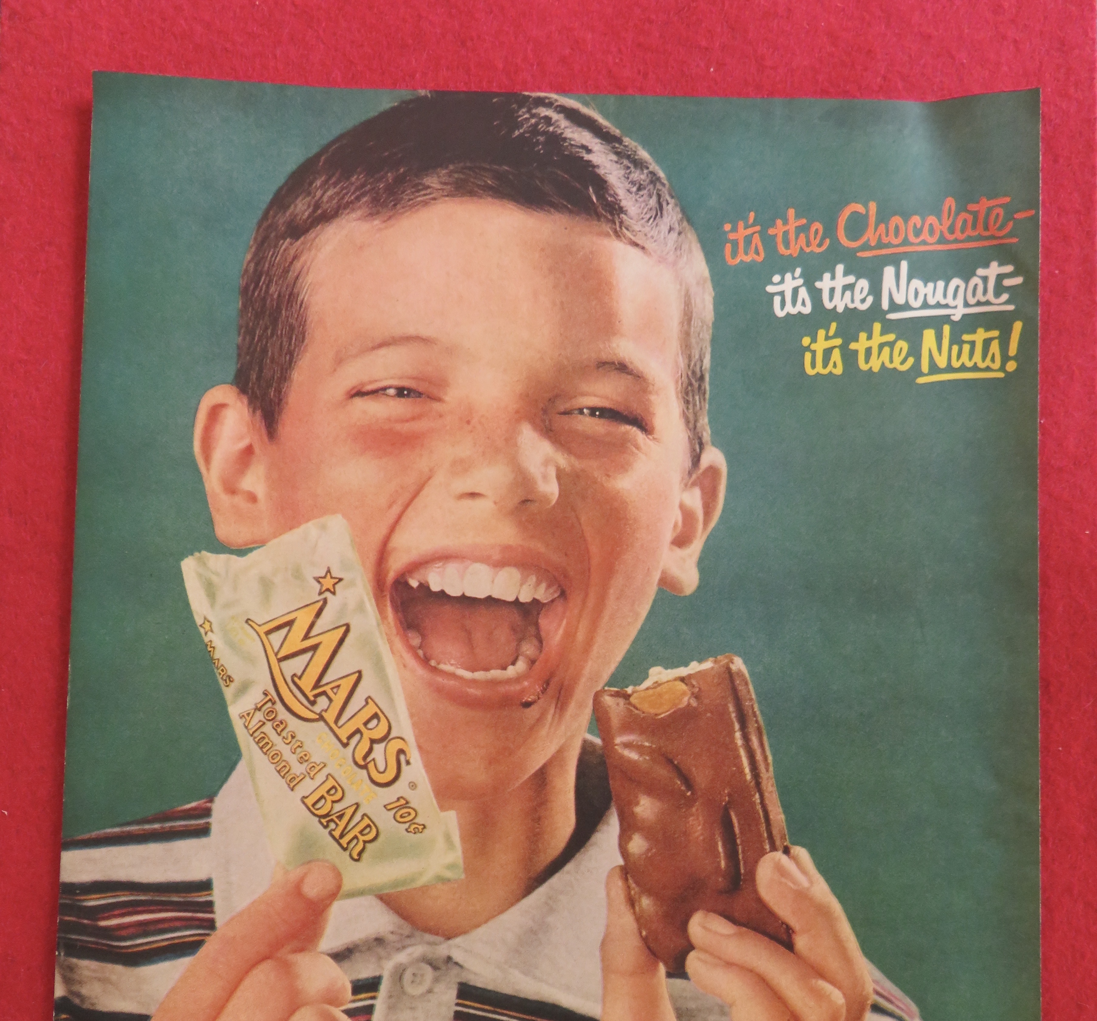1957 Mars Toasted Almond Bar with Boy Eating Candy Bar