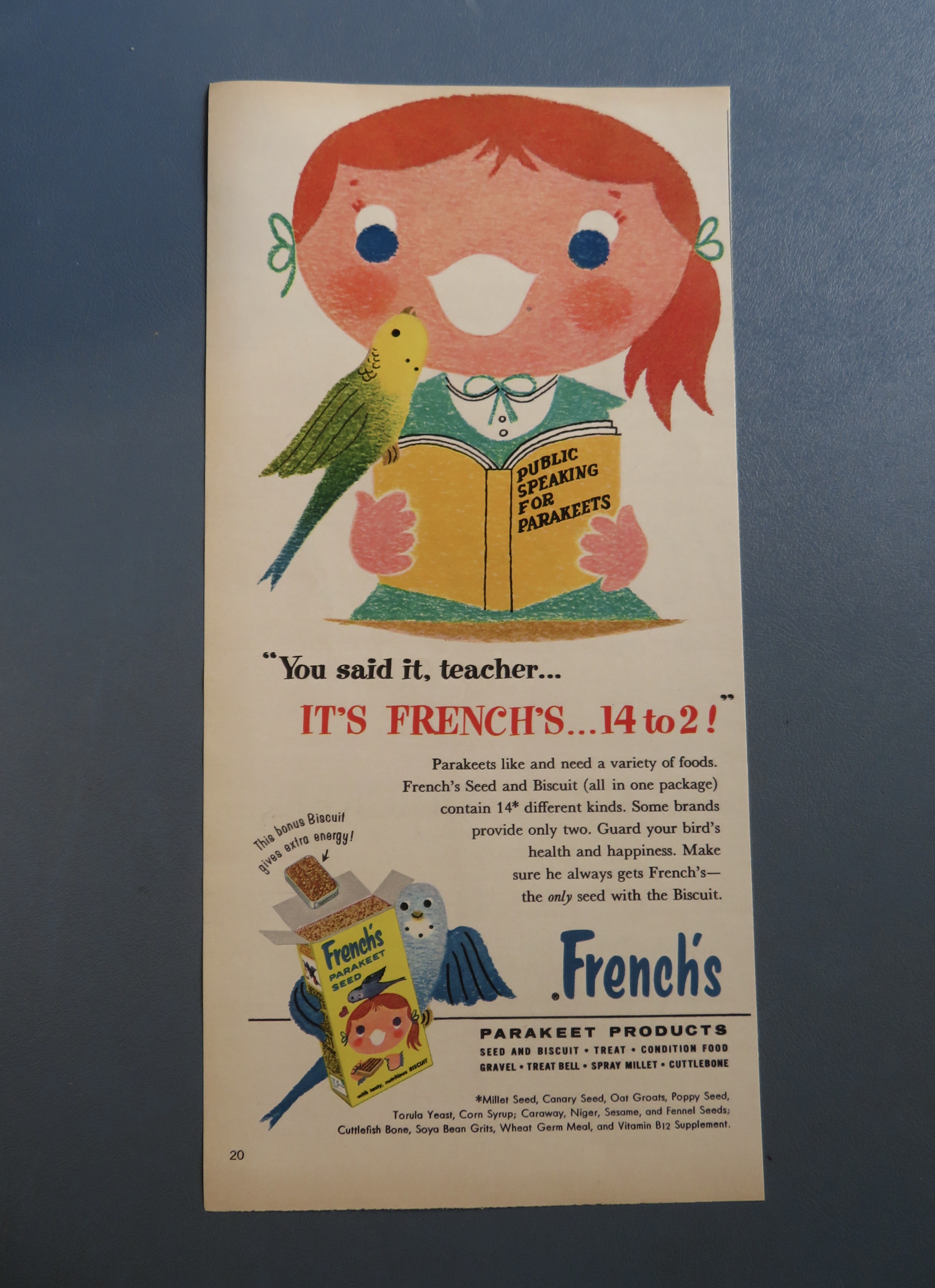 1959 French's Parakeet Seed w/ Girl Reading To Parakeet