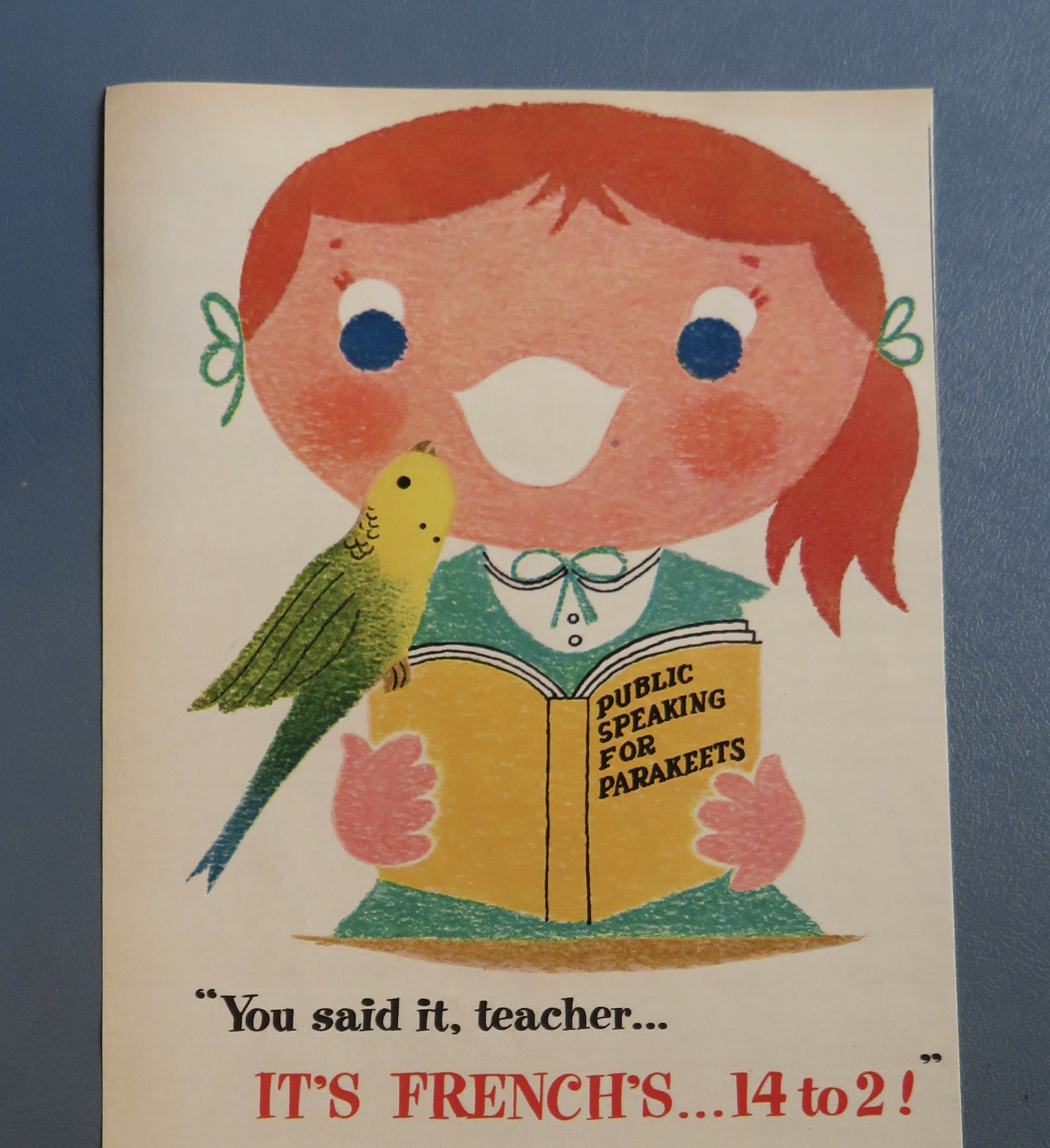 1959 French's Parakeet Seed w/ Girl Reading To Parakeet