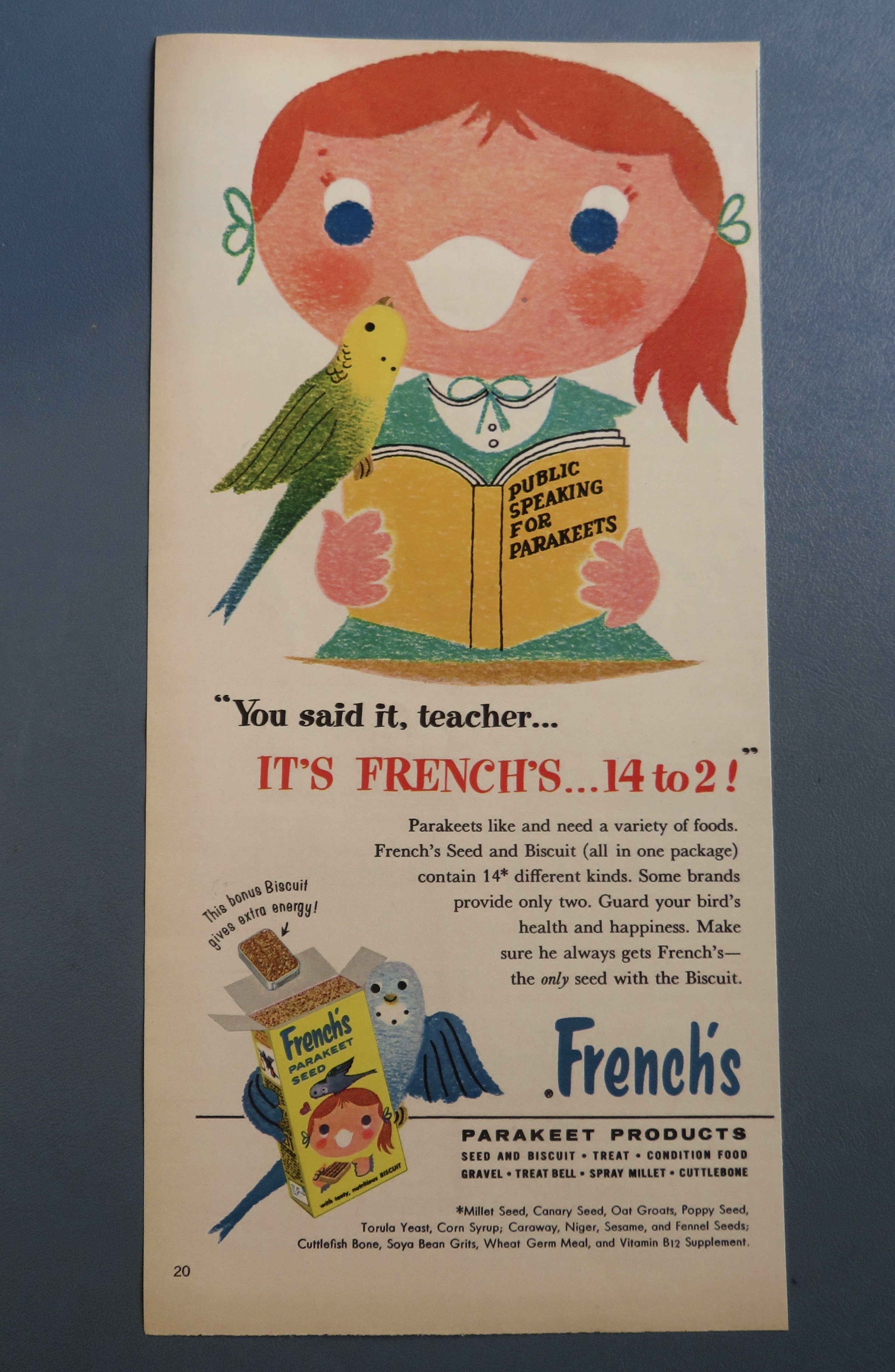 1959 French's Parakeet Seed w/ Girl Reading To Parakeet
