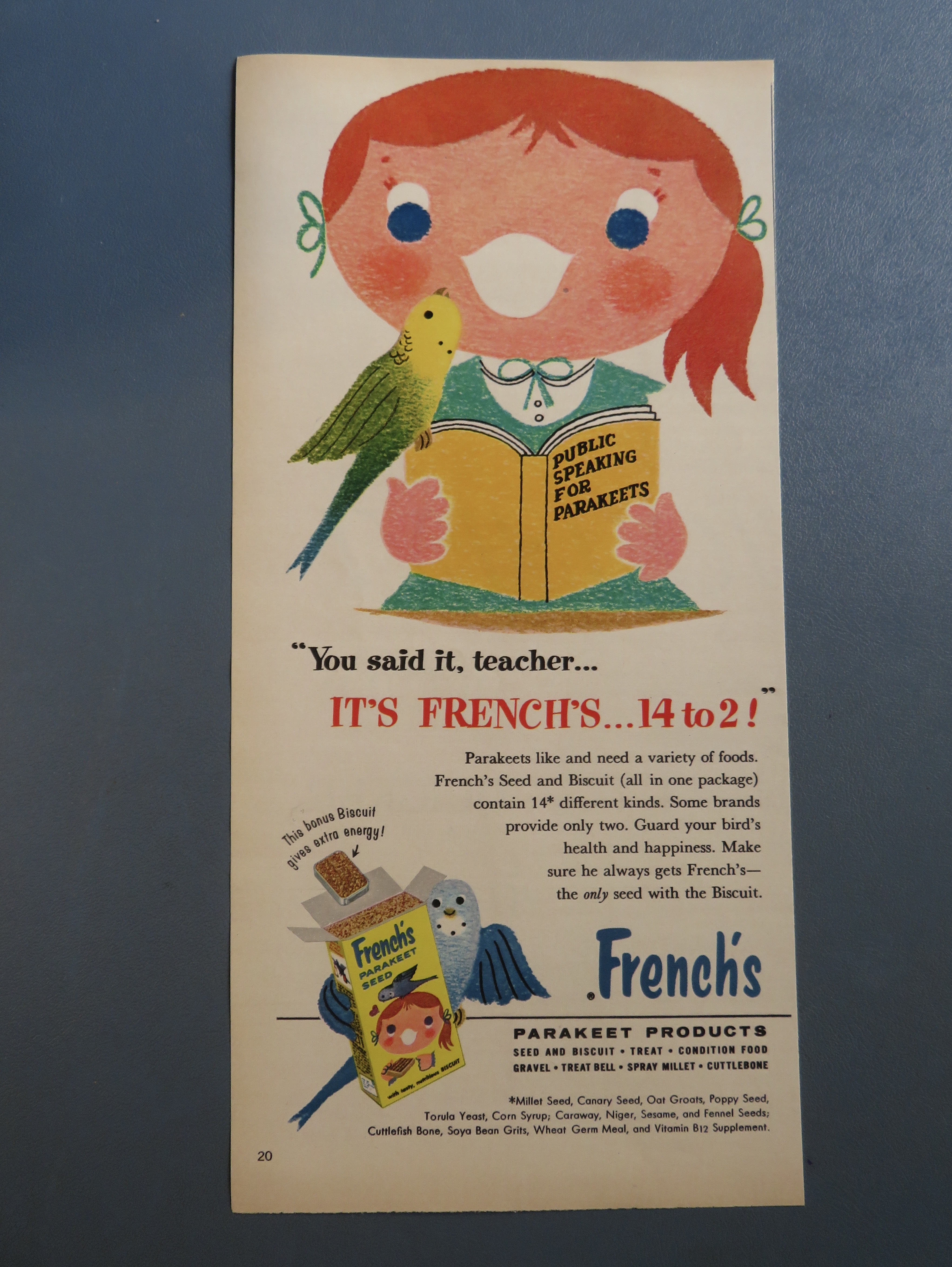 1959 French's Parakeet Seed w/ Girl Reading To Parakeet