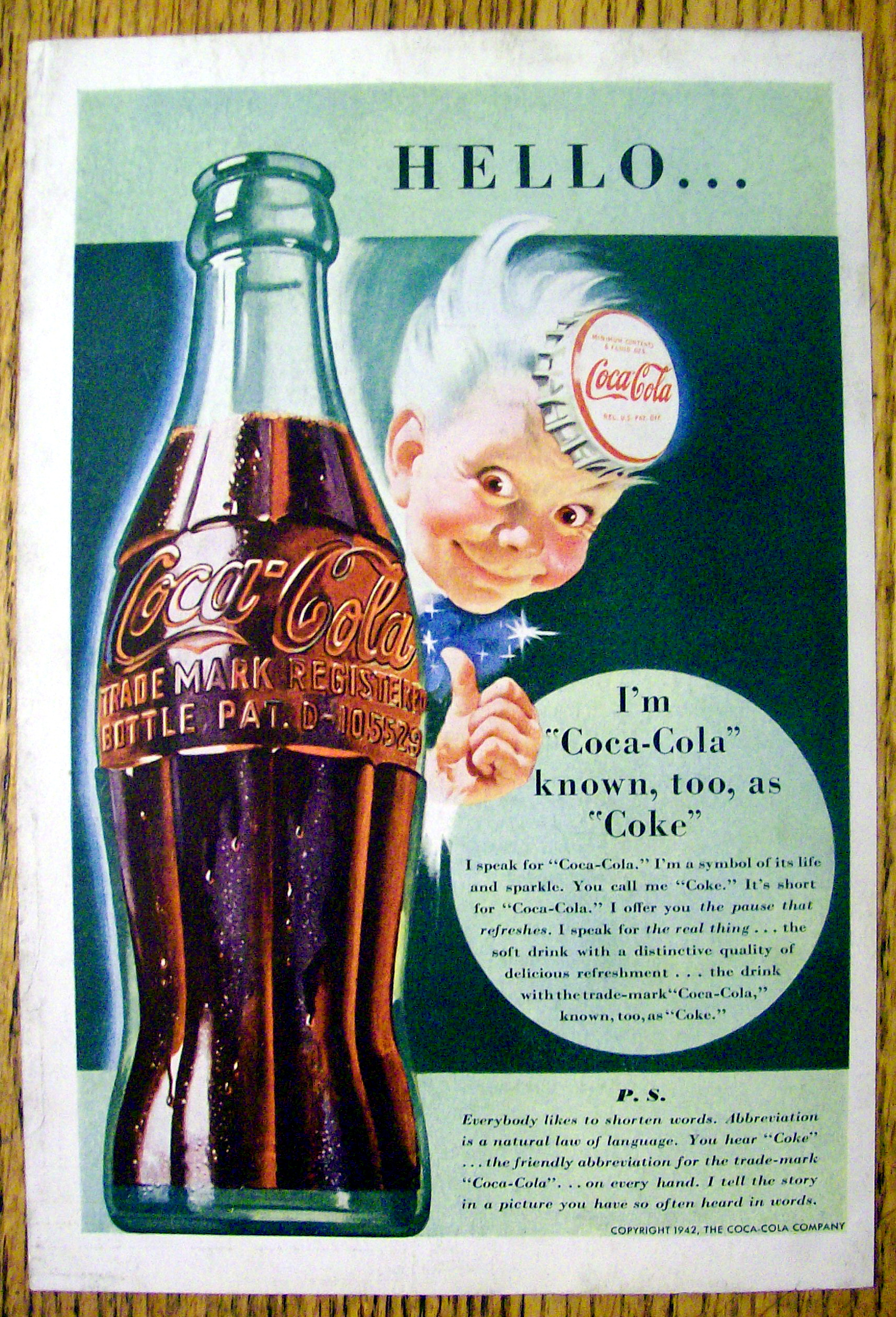 1942 Coca Cola (Coke) with Man Wearing a Bottle Cap