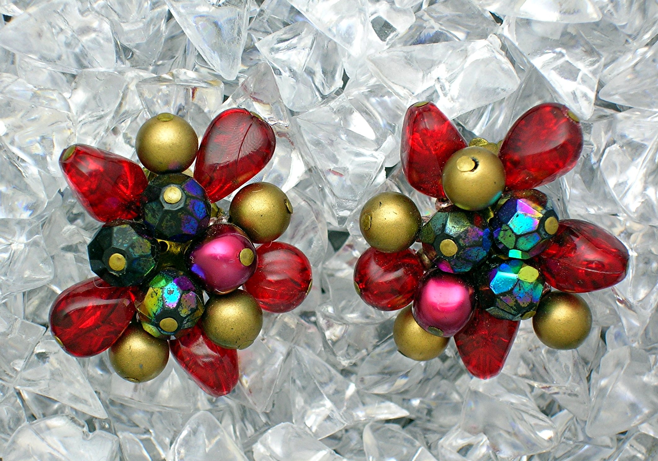 Clip Earrings West germany Cranberry Gold Pink Plastic