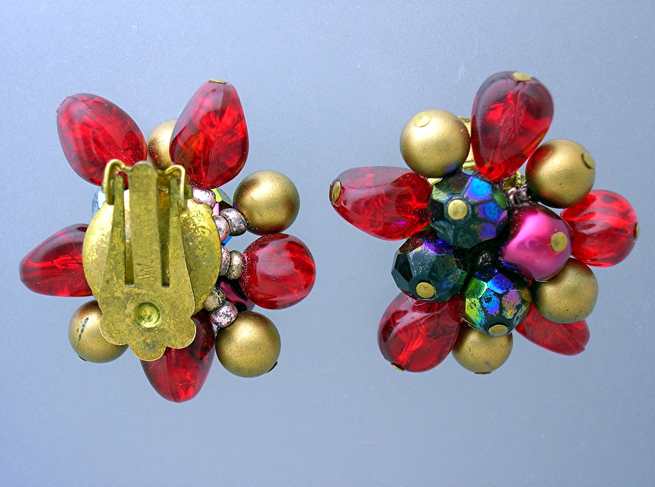 Clip Earrings West germany Cranberry Gold Pink Plastic