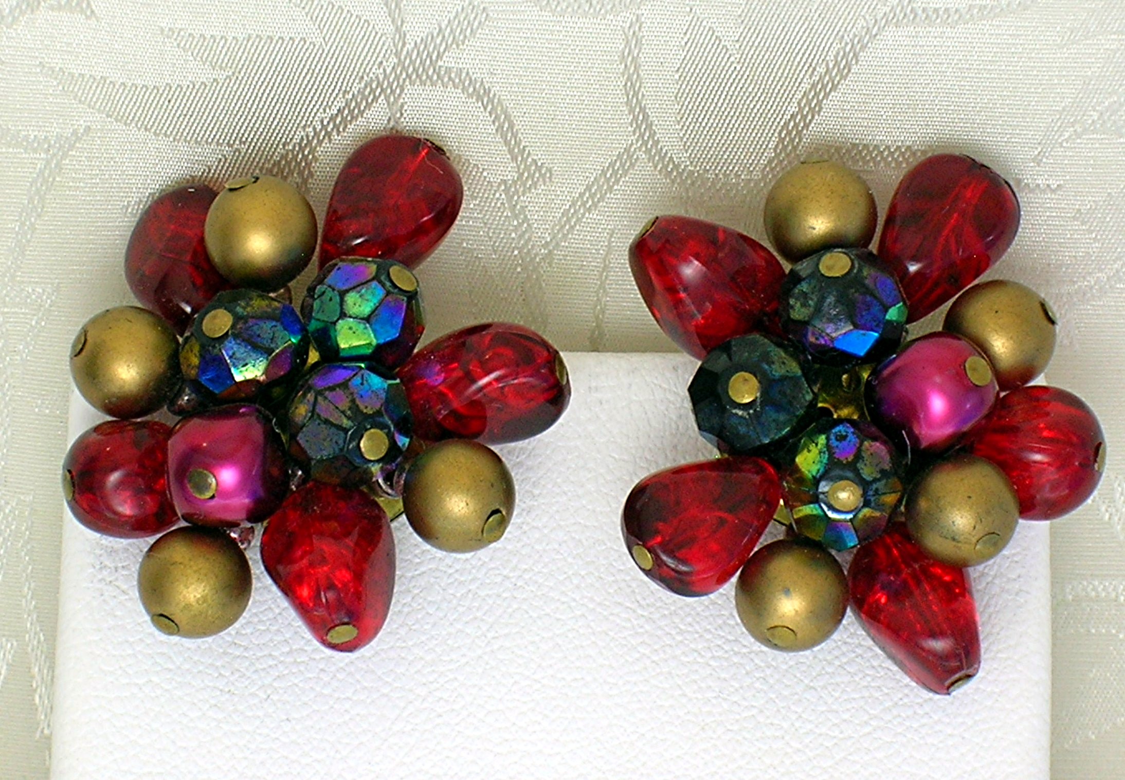 Clip Earrings West germany Cranberry Gold Pink Plastic