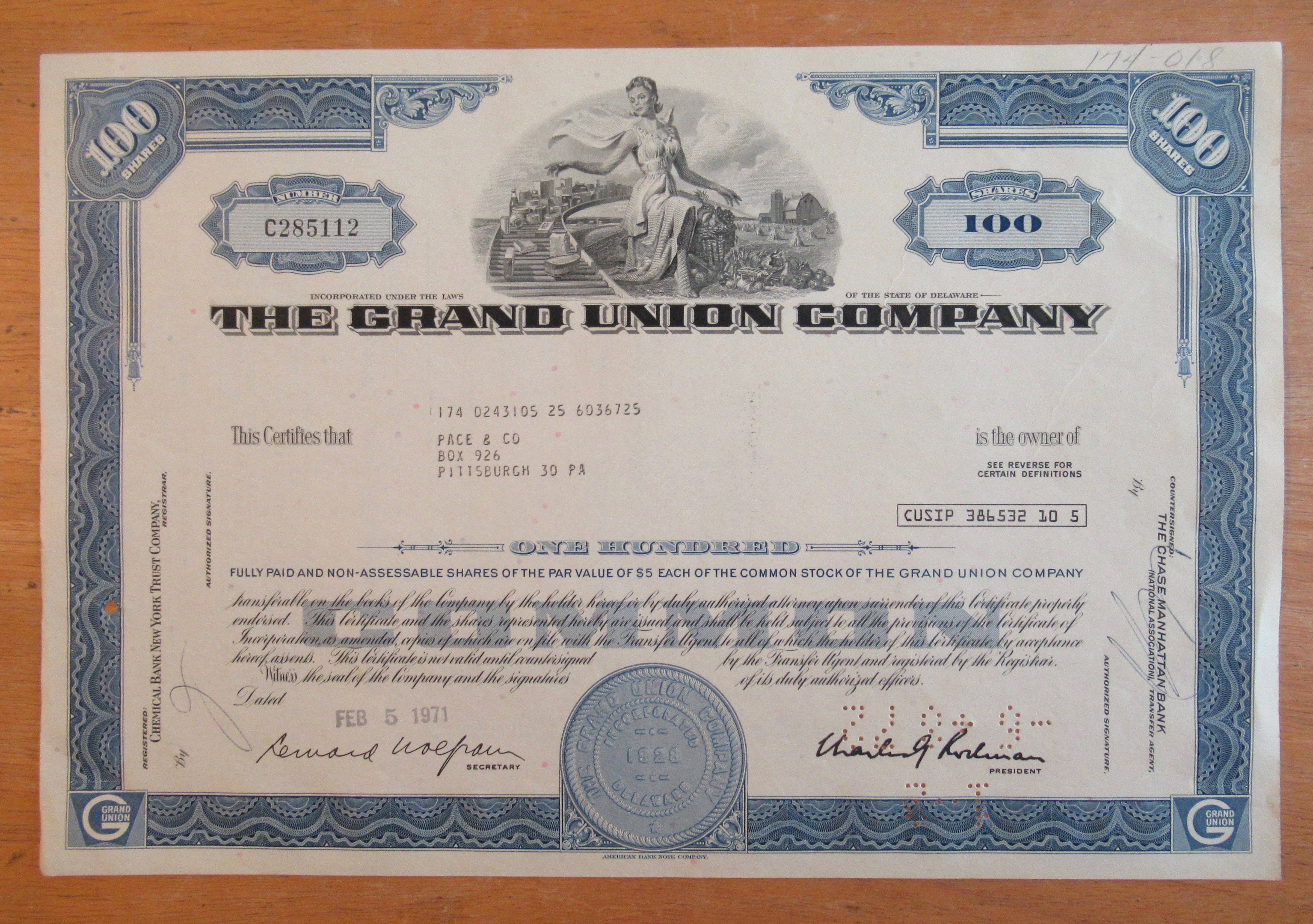 1971 The Grand Union Company Stock Certificate