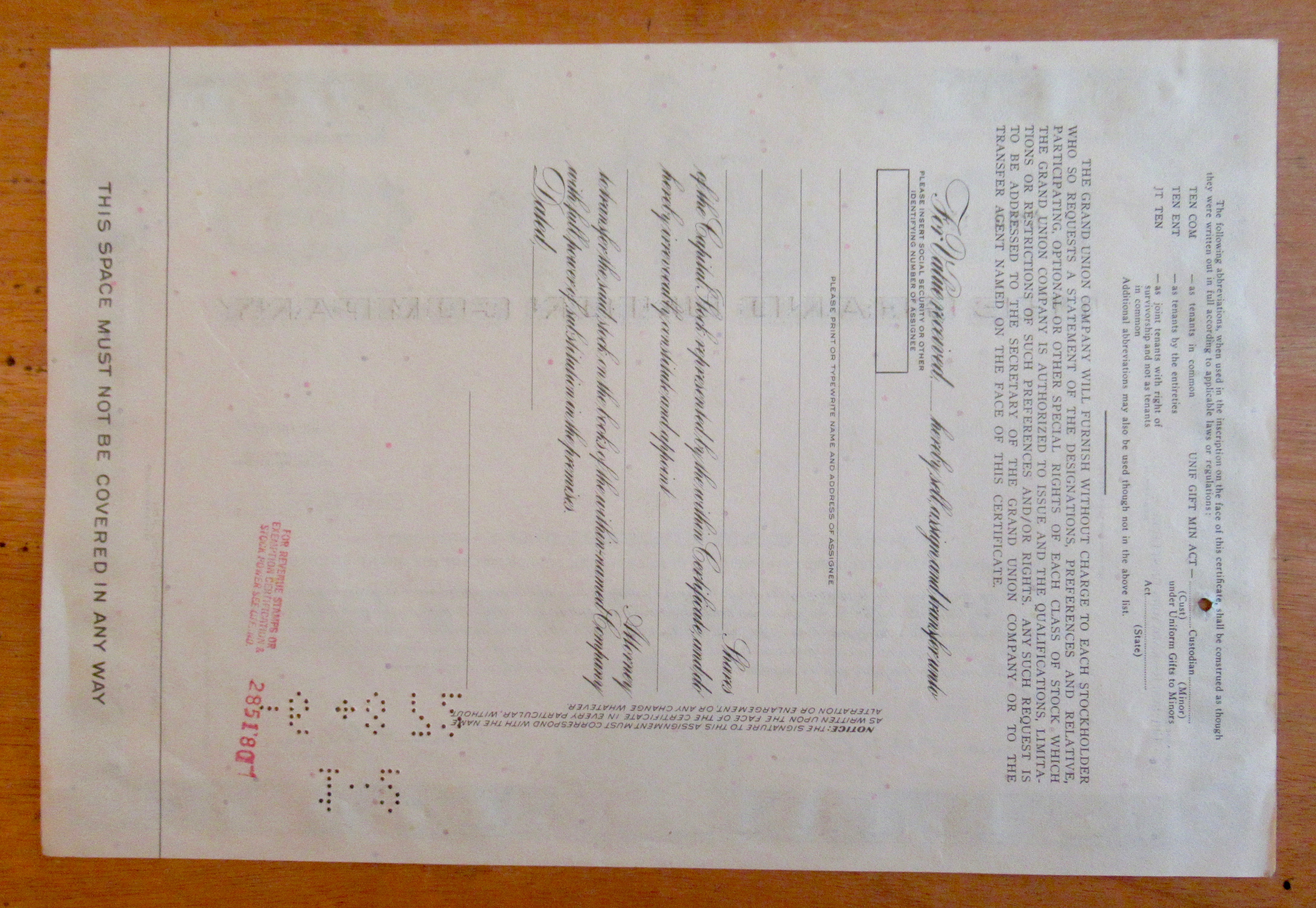 1971 The Grand Union Company Stock Certificate
