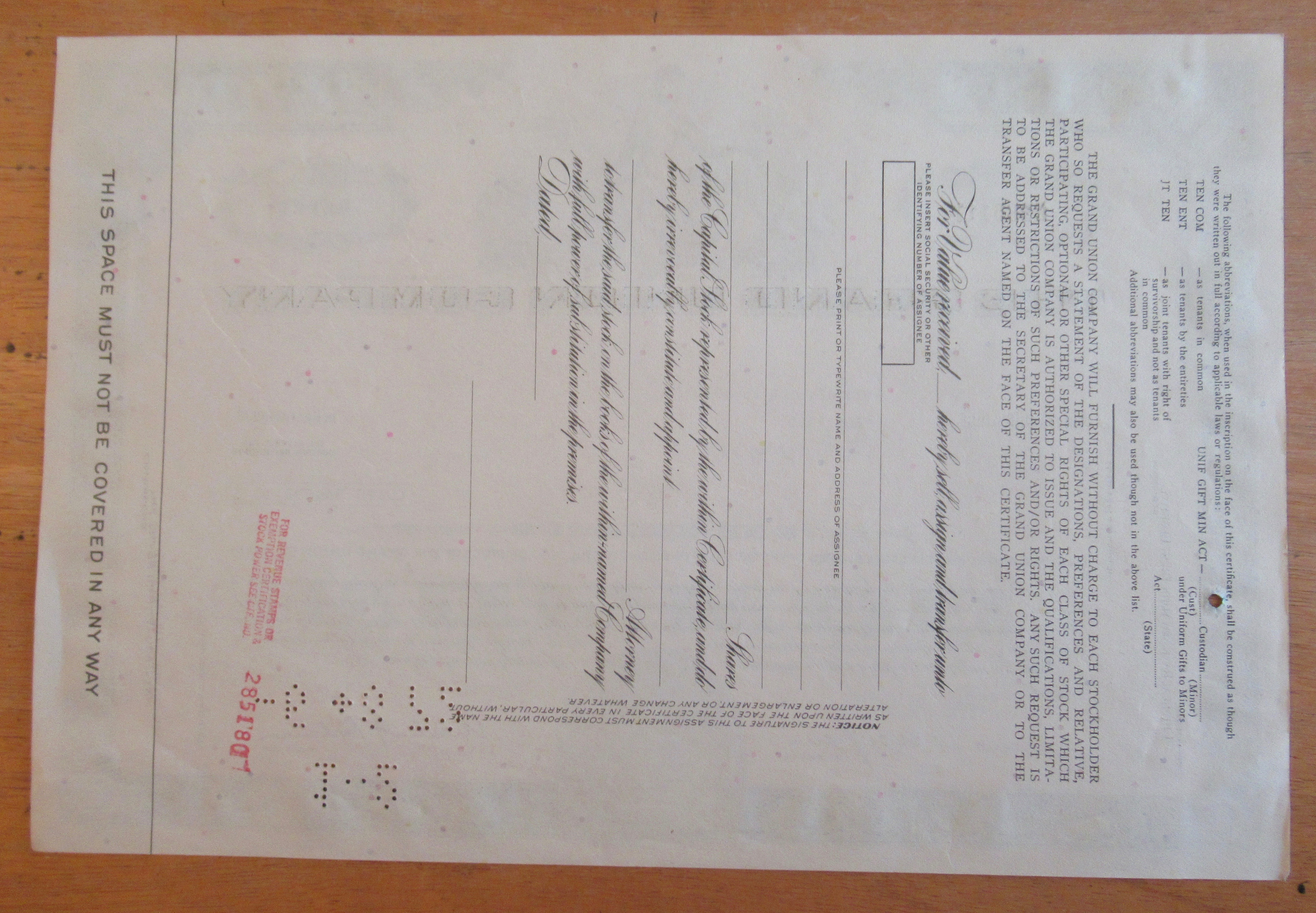 1971 The Grand Union Company Stock Certificate