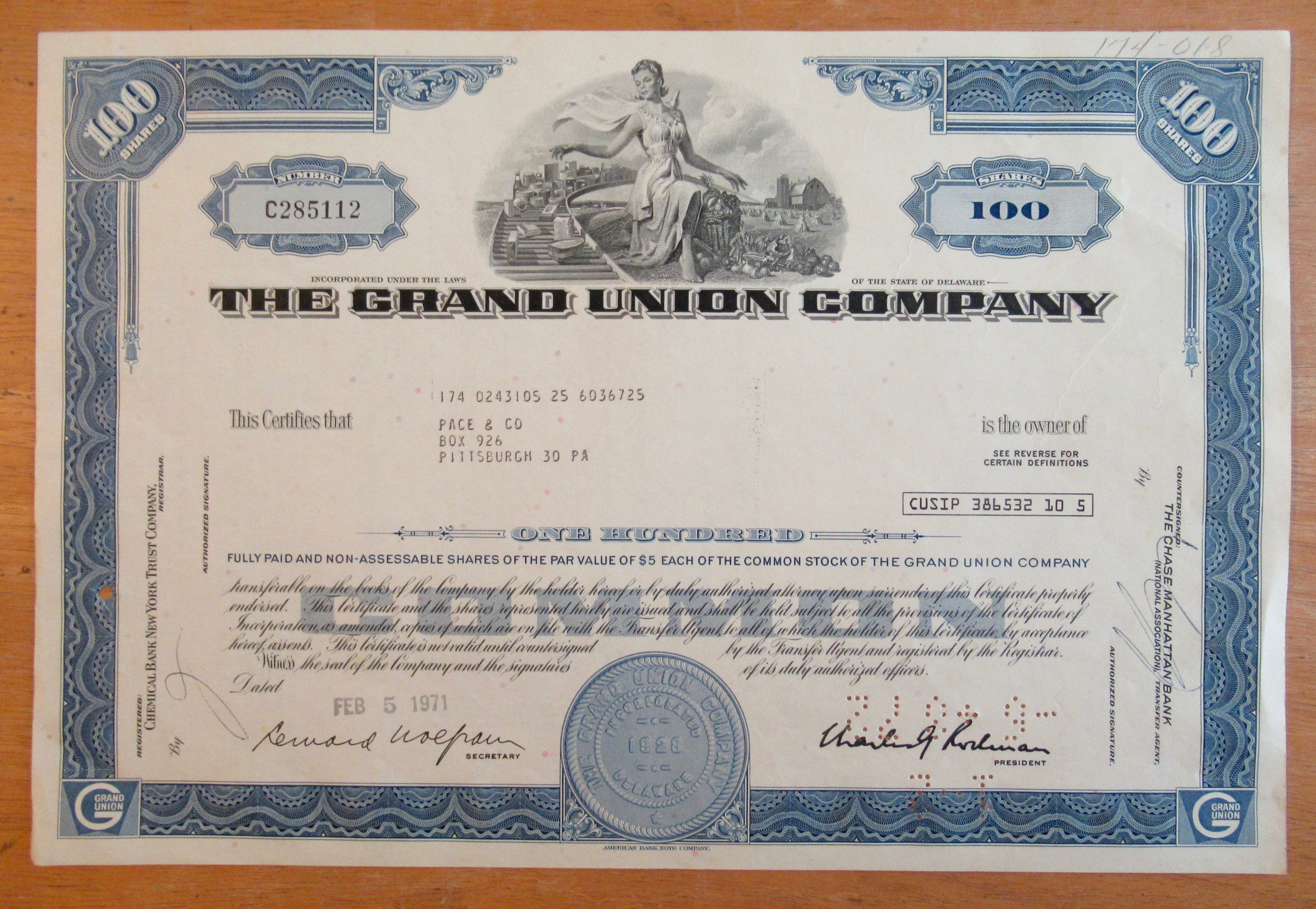 1971 The Grand Union Company Stock Certificate