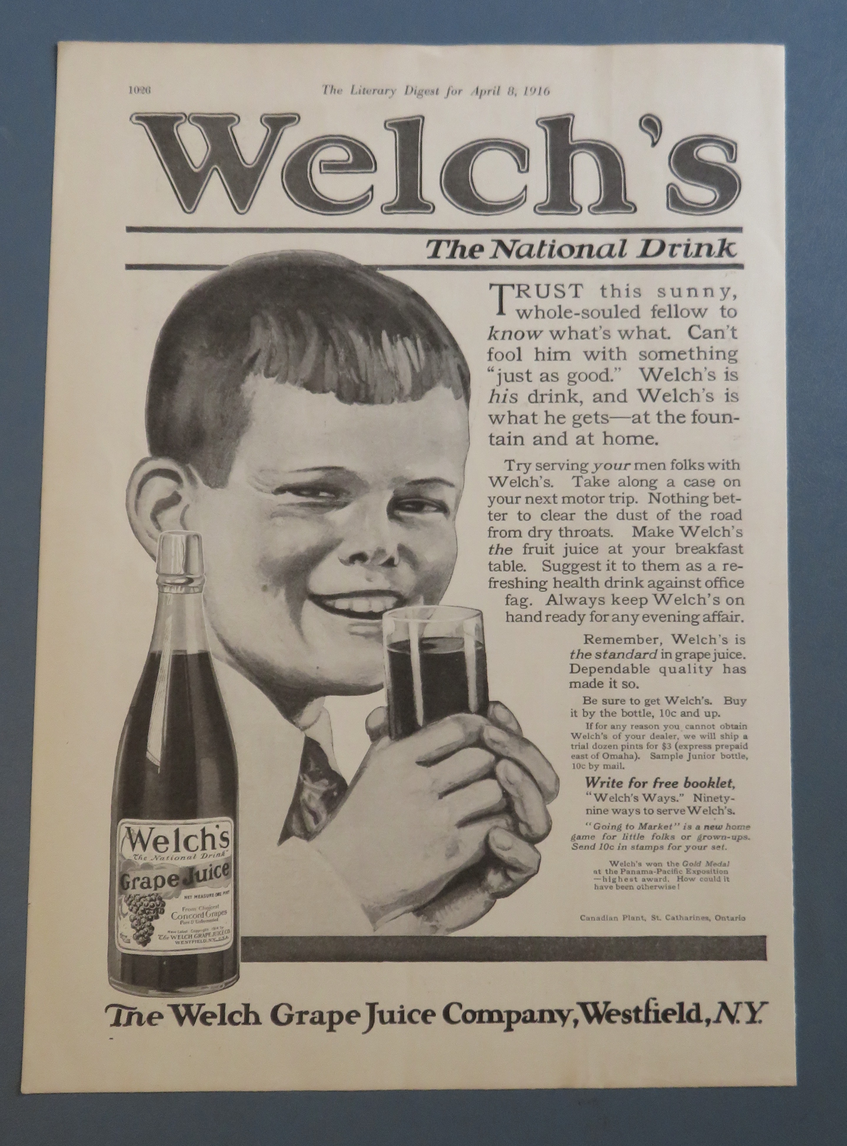1916 Welch's Grape Juice with Boy Drinking Juice