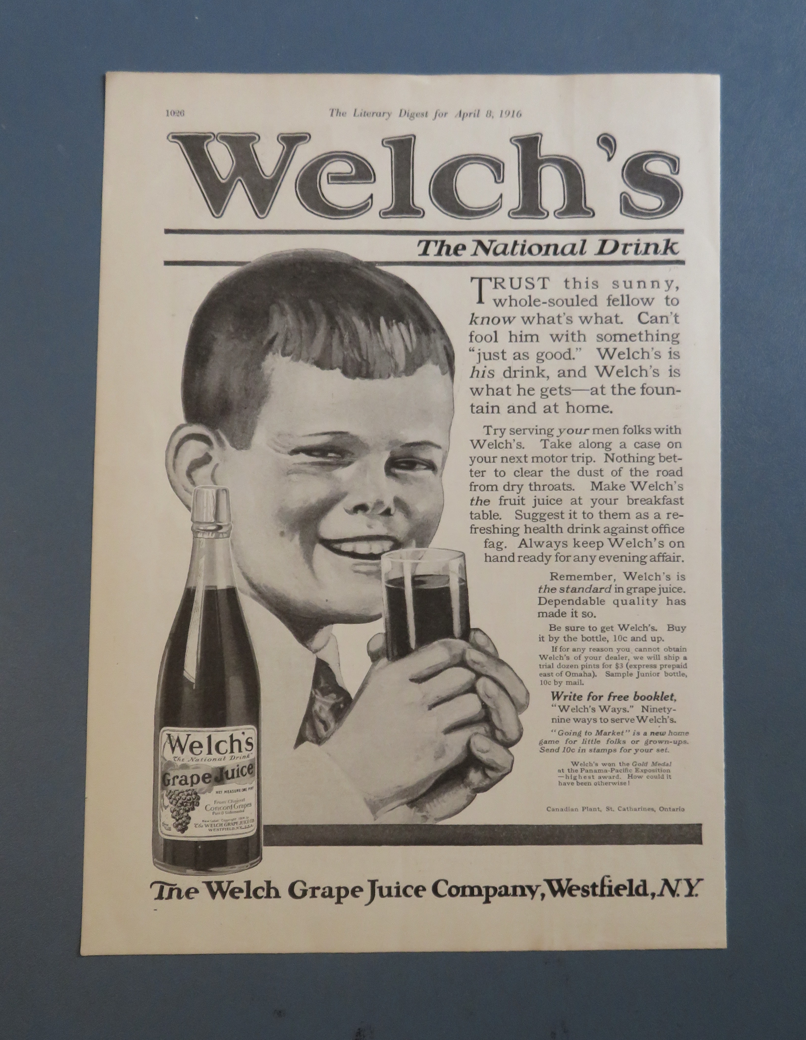 1916 Welch's Grape Juice with Boy Drinking Juice