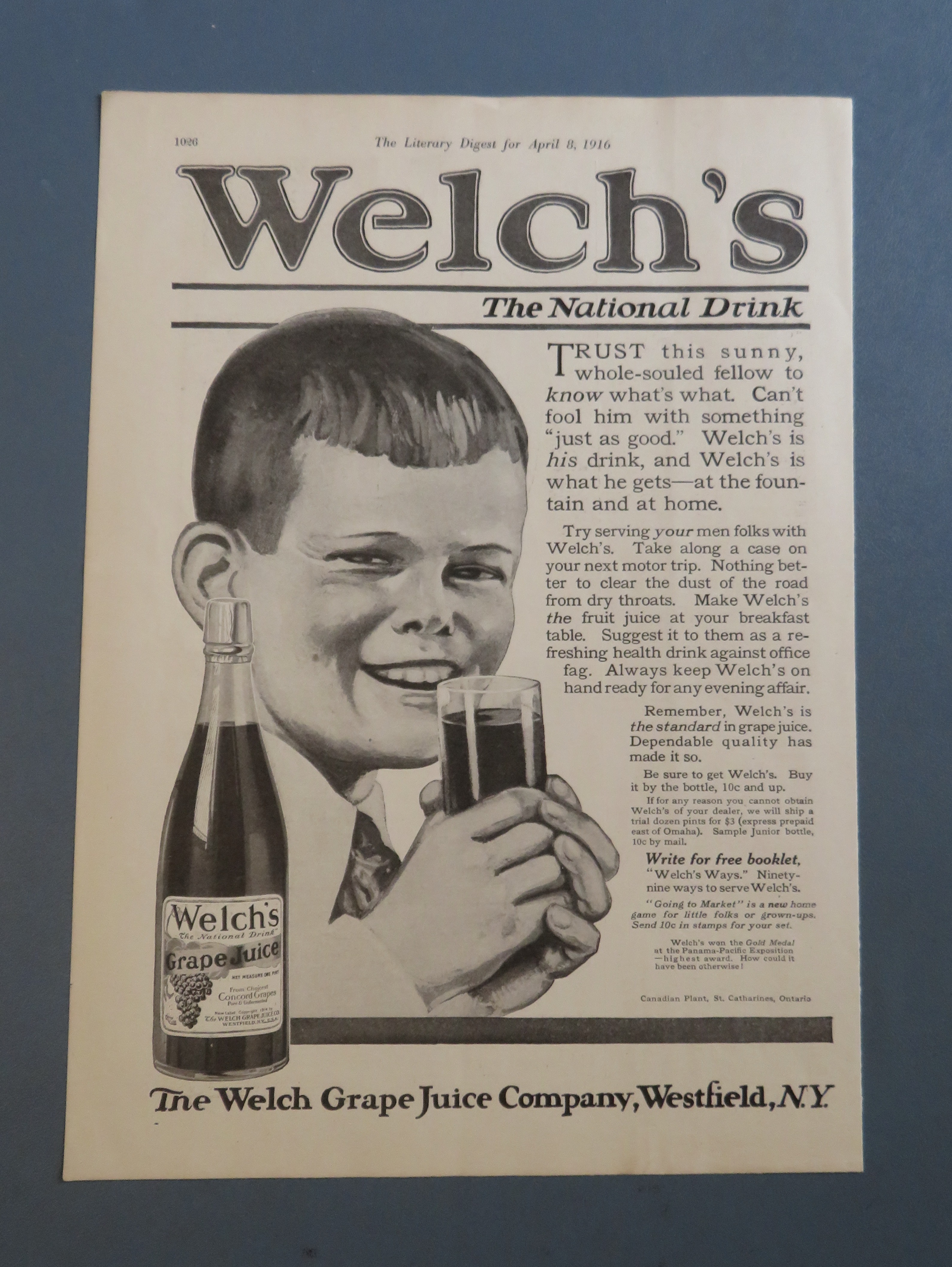 1916 Welch's Grape Juice with Boy Drinking Juice