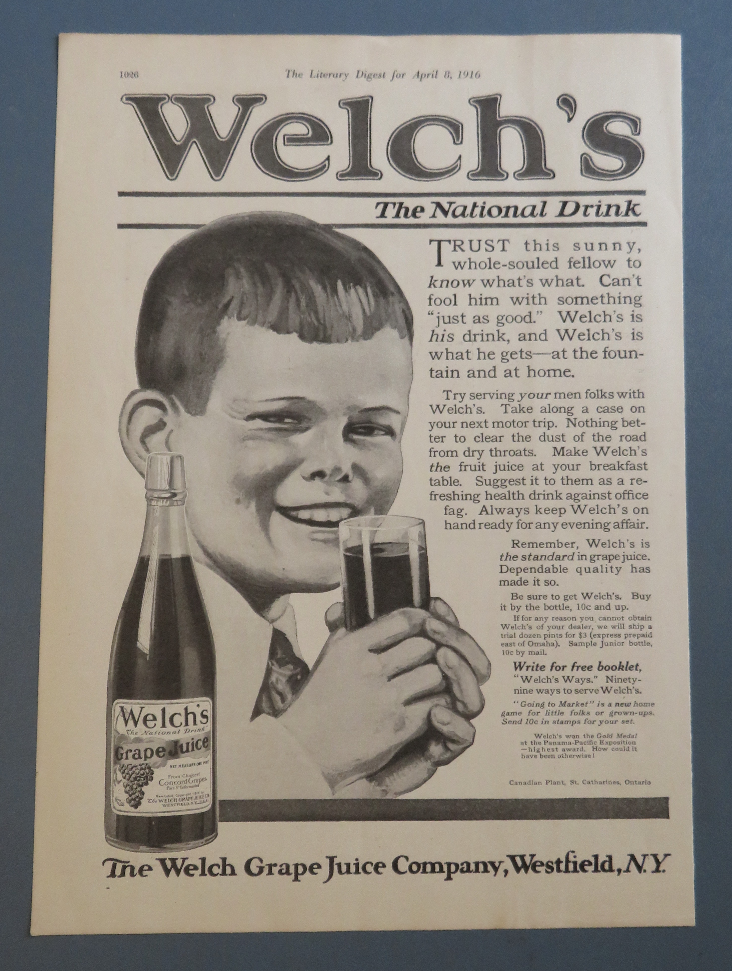 1916 Welch's Grape Juice with Boy Drinking Juice