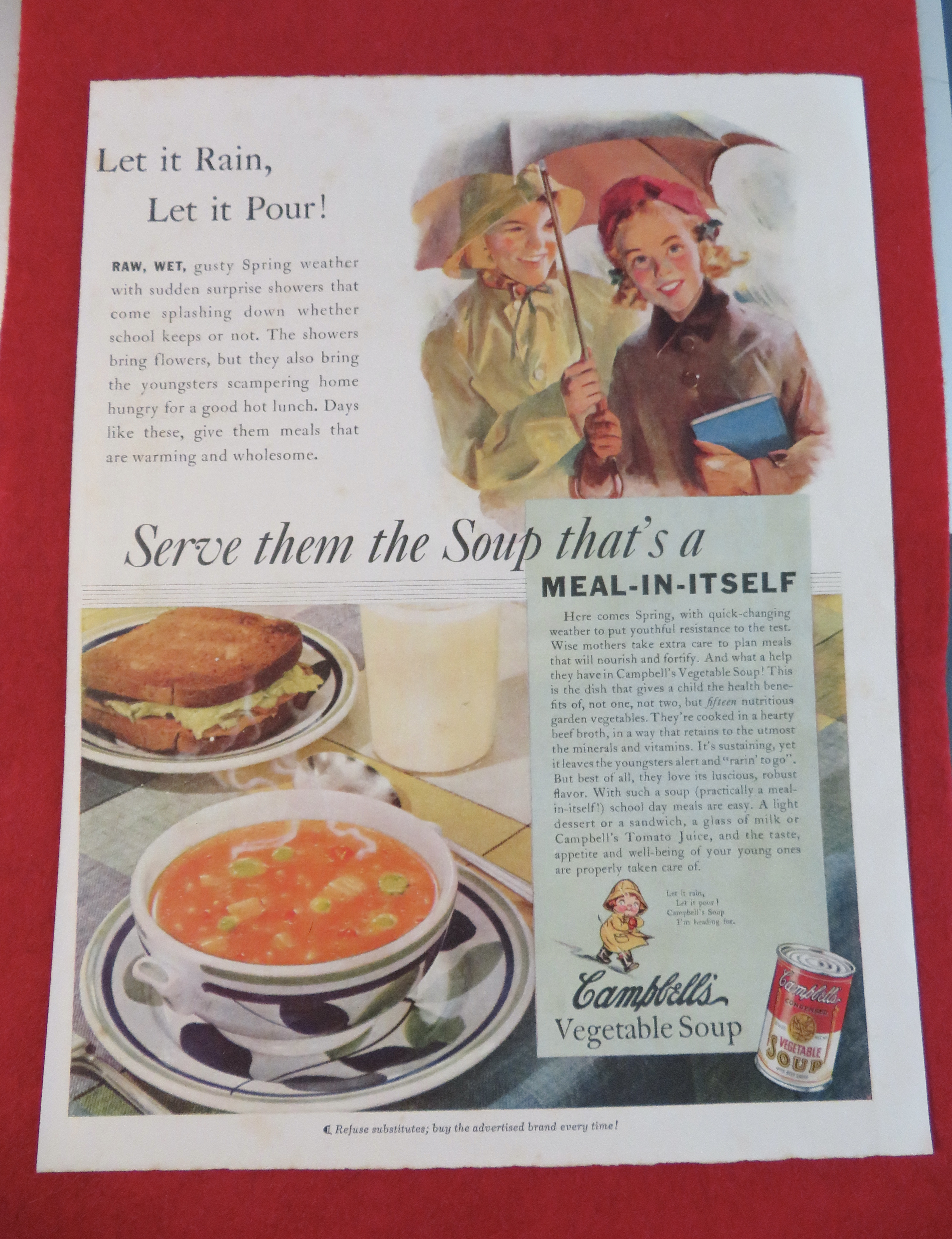 1938 Campbell's Vegetable Soup with Mom & Girl in Rain