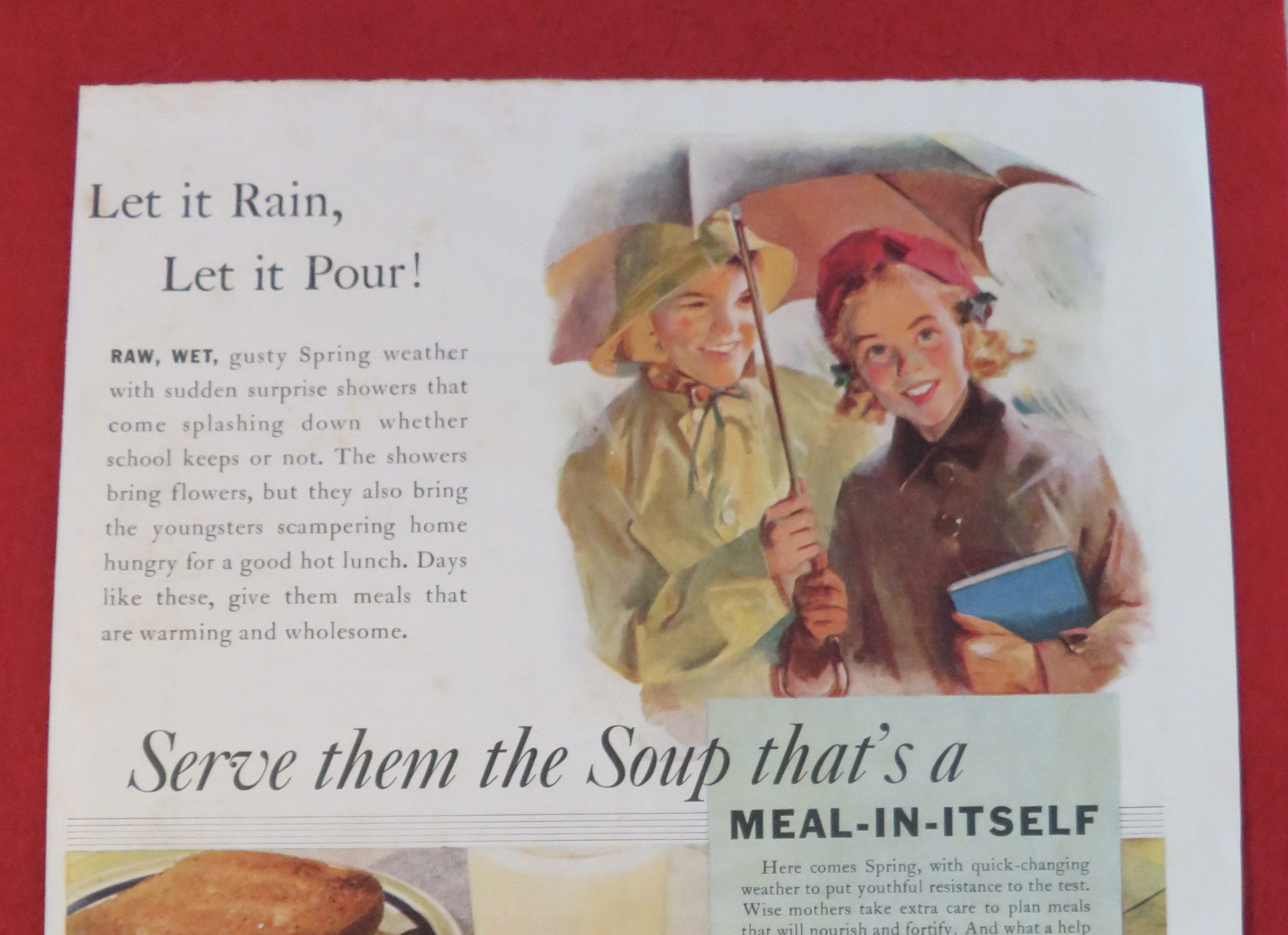 1938 Campbell's Vegetable Soup with Mom & Girl in Rain