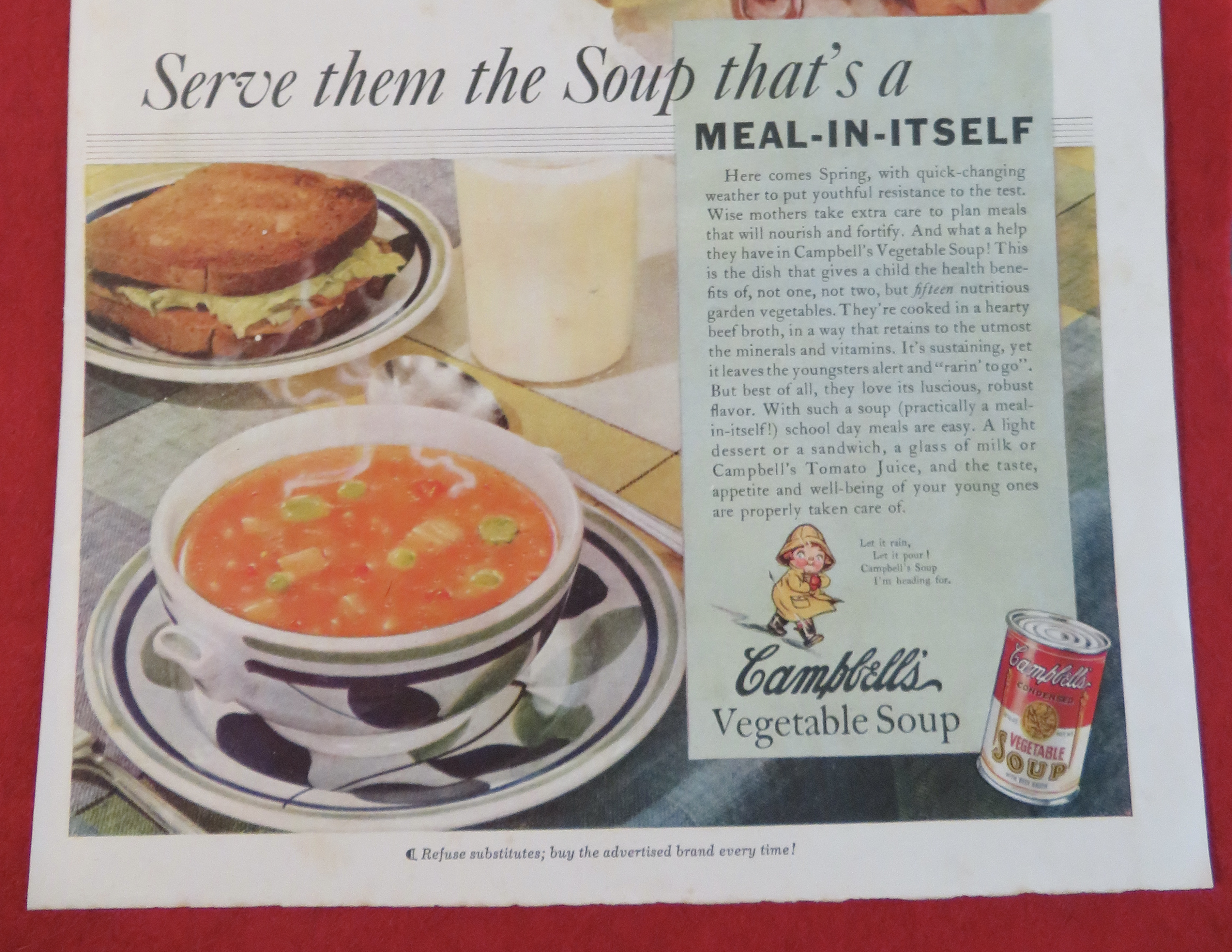 1938 Campbell's Vegetable Soup with Mom & Girl in Rain