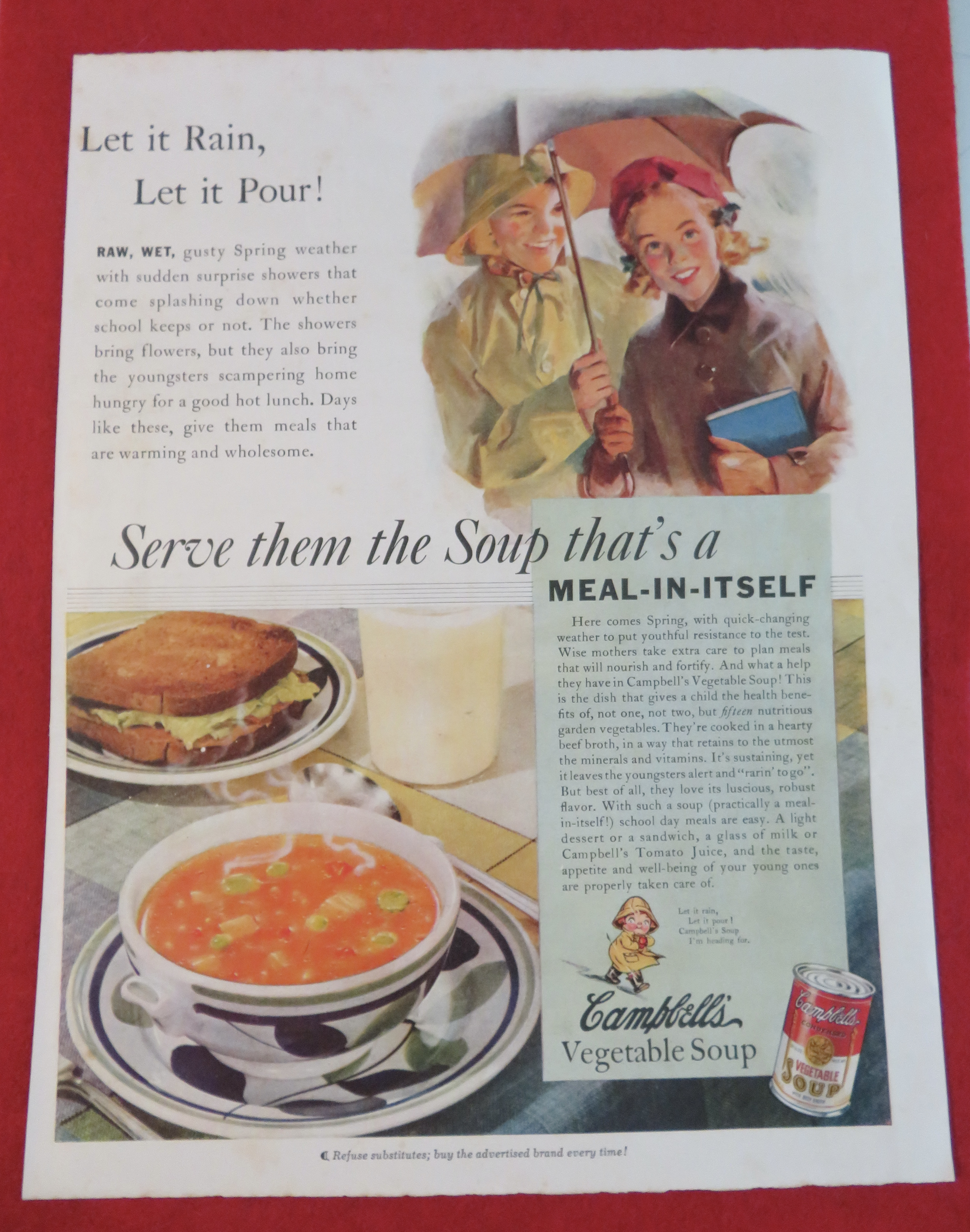 1938 Campbell's Vegetable Soup with Mom & Girl in Rain