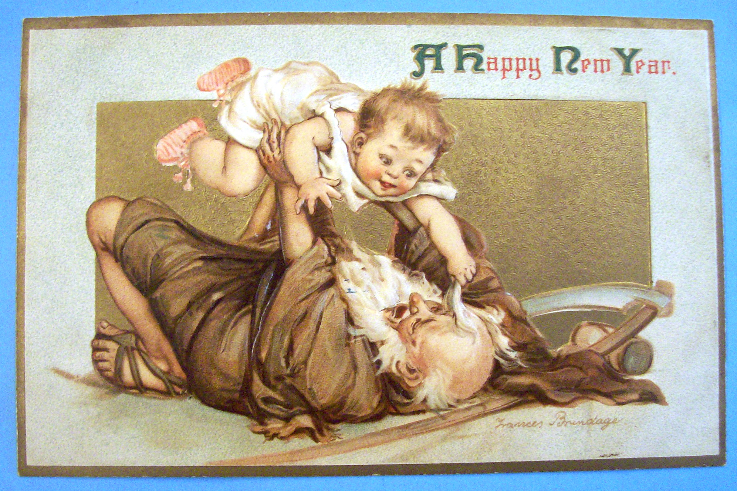A Happy New Year Postcard w/Old Man Playing with Child