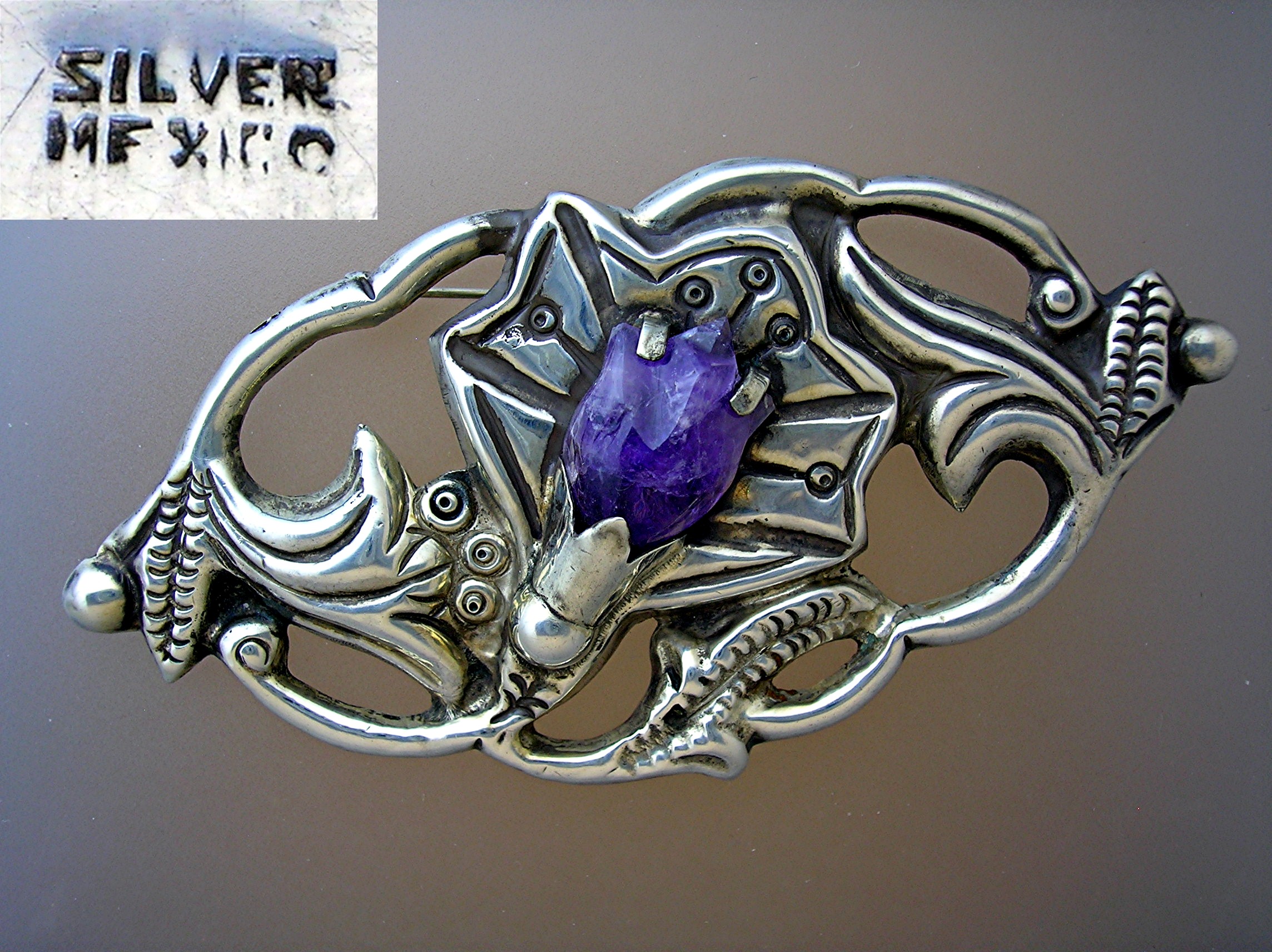 Silver Mexico Amethyst Lily Brooch