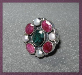 Ruby Emerald Pearl Sterling Silver Ring