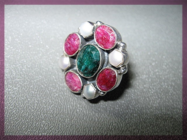 Ruby Emerald Pearl Sterling Silver Ring