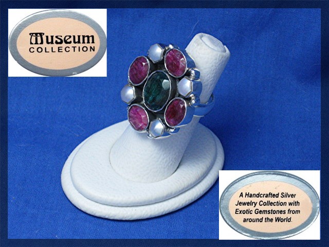 Ruby Emerald Pearl Sterling Silver Ring