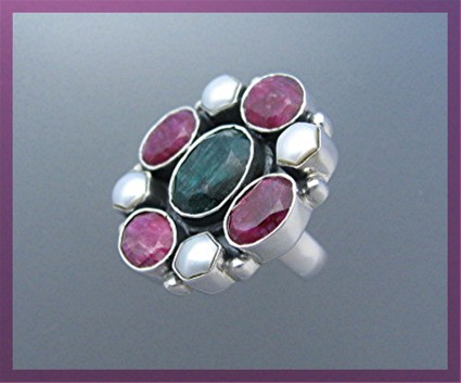 Ruby Emerald Pearl Sterling Silver Ring