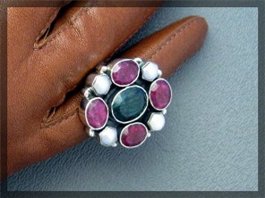 Ruby Emerald Pearl Sterling Silver Ring