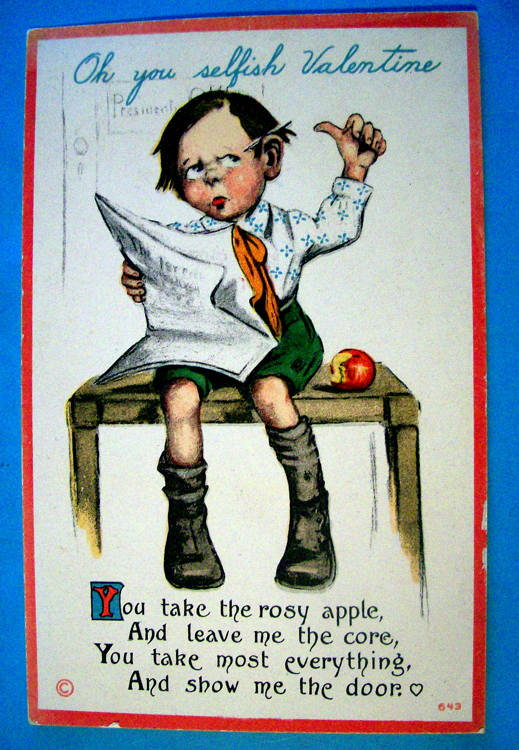 Oh You Selfish Valentine Postcard w/ Boy Reading Paper