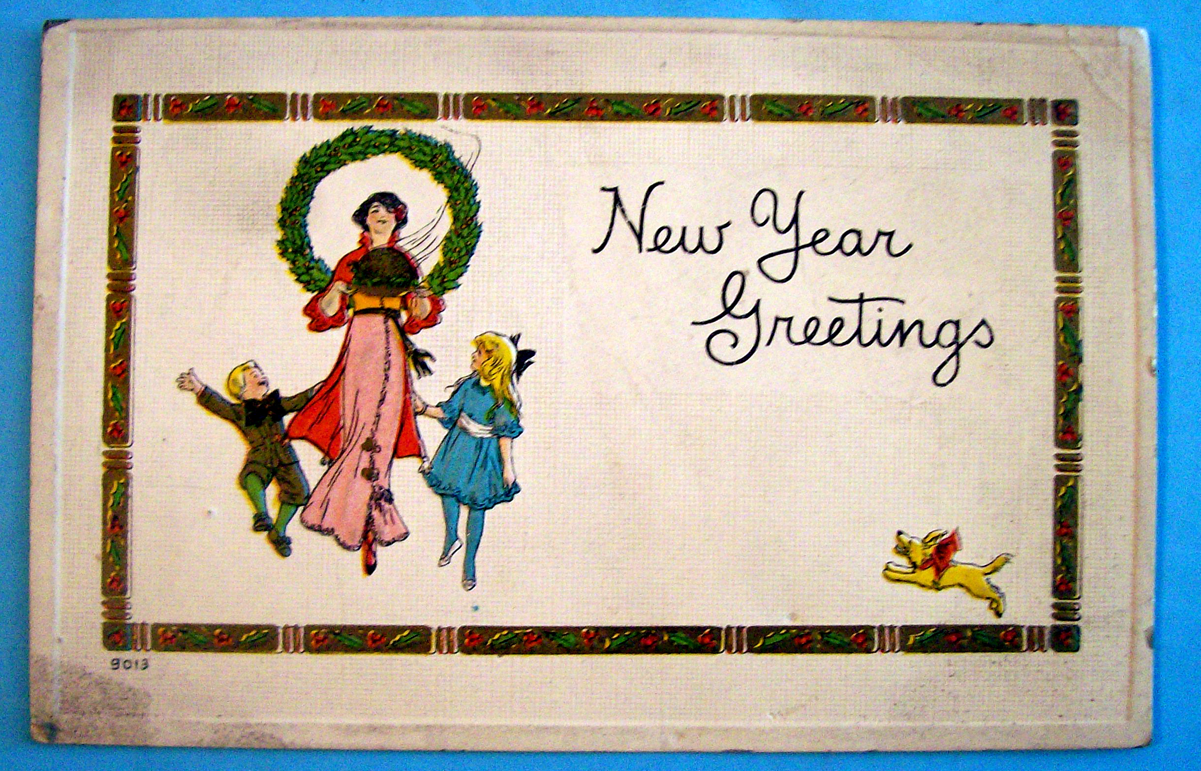 New Year Greetings Postcard with Mother & 2 Children