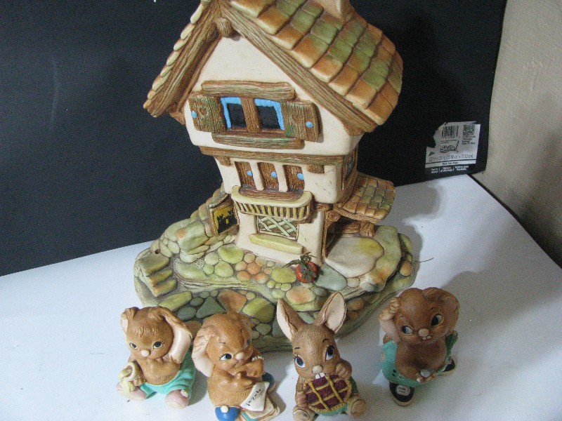 Vintage Ceramic Bunny Rabbit Cottage Figurine Set - 5 Pieces