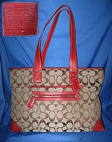 Coach Red Leather Fabric Signature Bag