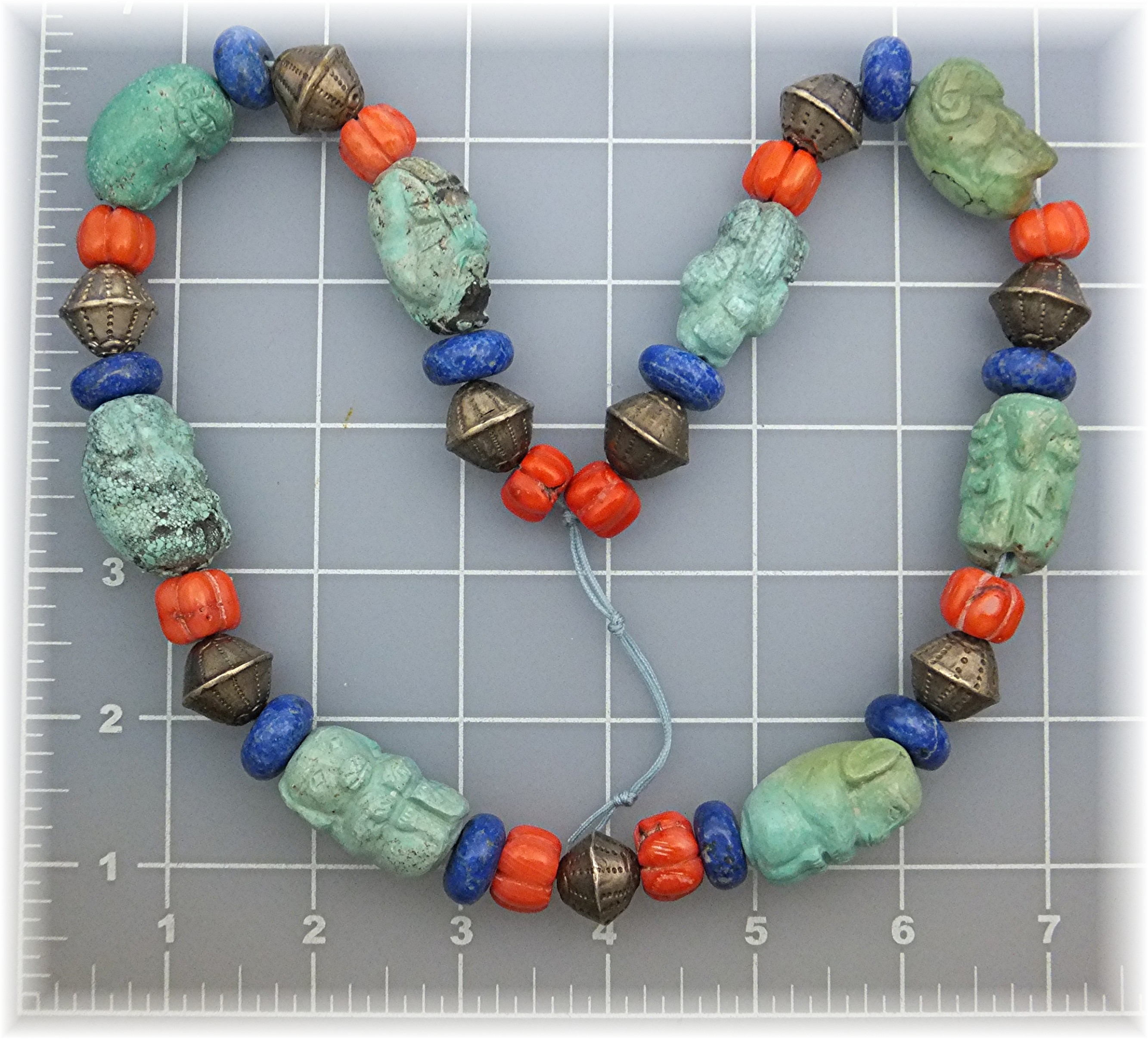 Carved Turquoise Animals Coral Lapis Silver Necklace