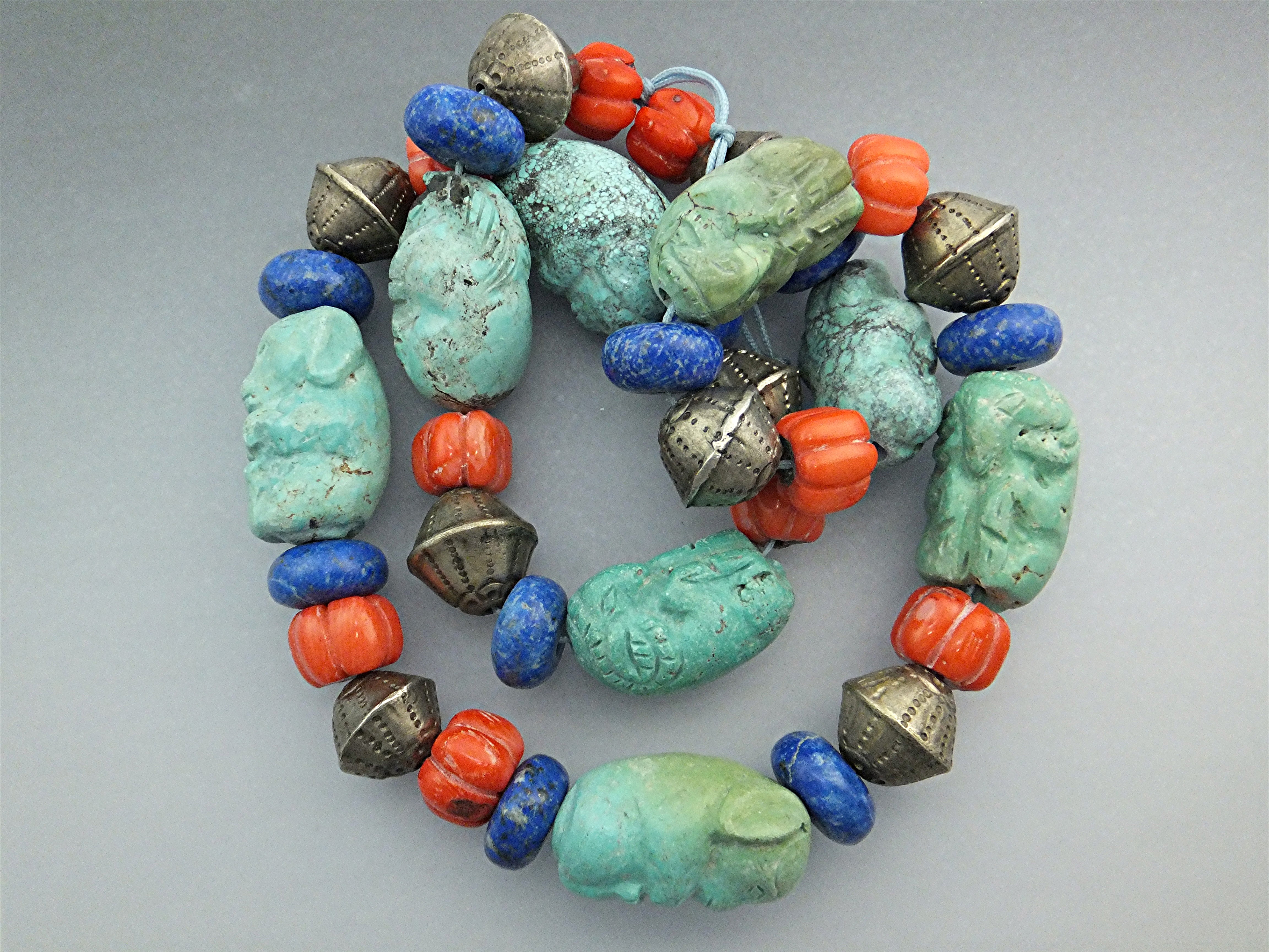 Carved Turquoise Animals Coral Lapis Silver Necklace