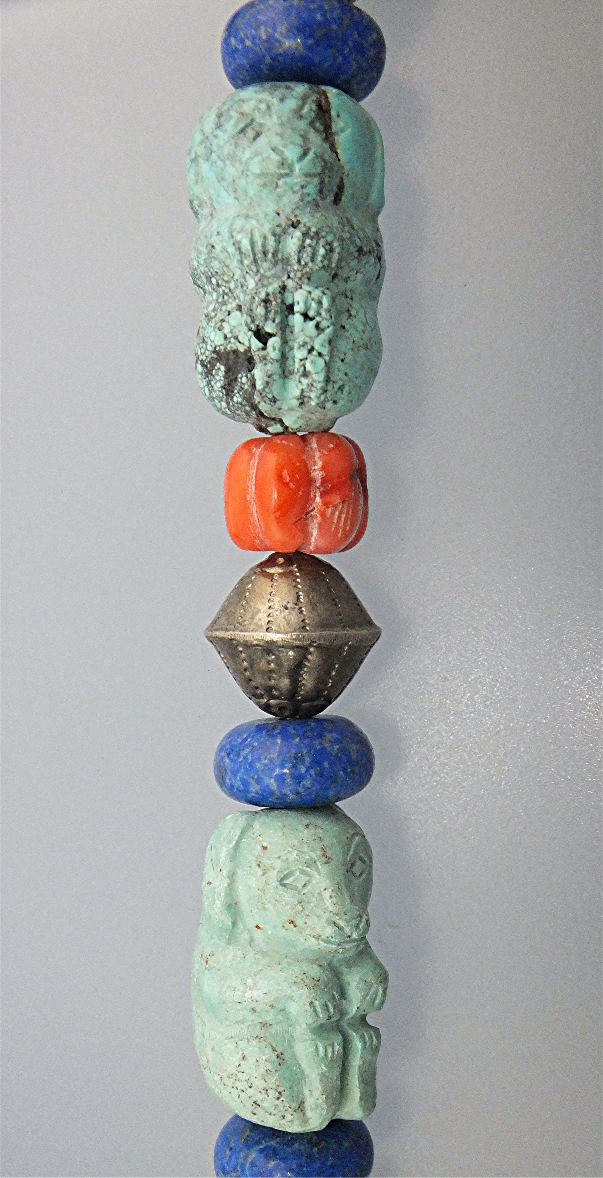 Carved Turquoise Animals Coral Lapis Silver Necklace