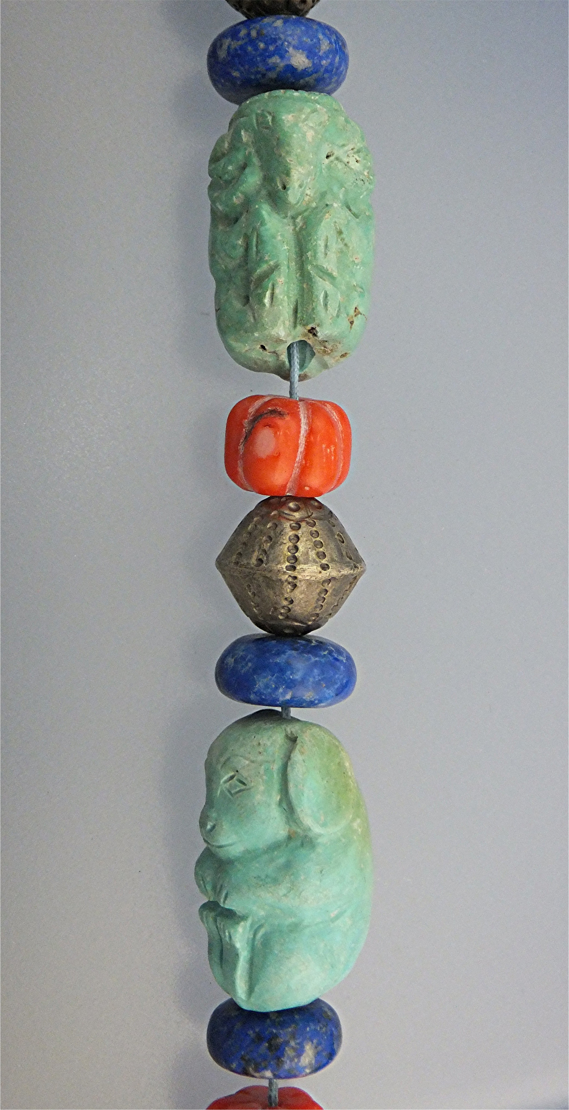Carved Turquoise Animals Coral Lapis Silver Necklace